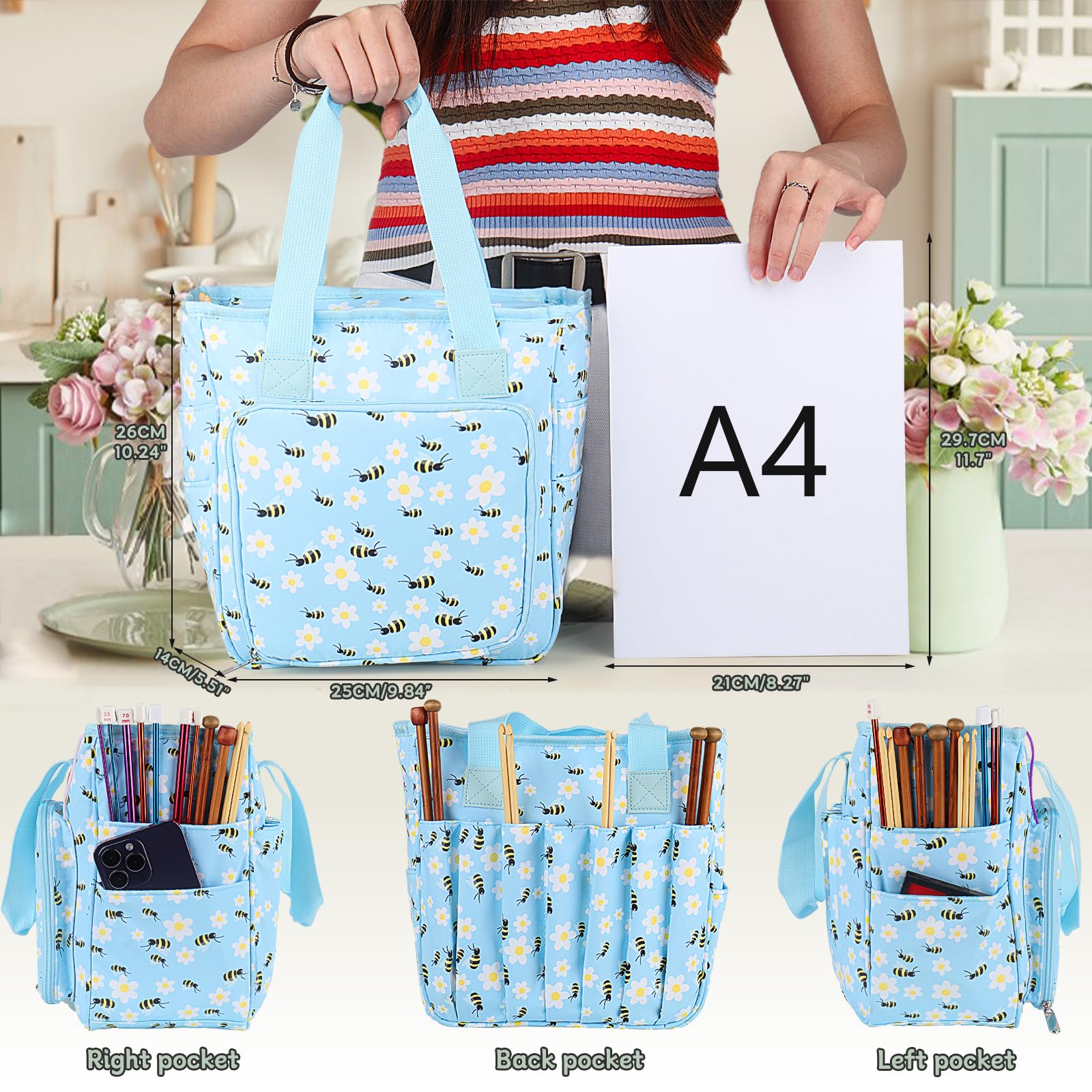 Coopay Portable Crochet Bag Organizer - Yarn Storage Case for Crochet Hooks, Knitting Needles & Supplies | Bees & Flowers Design | Perfect for Crafting, Travel & Home Organization