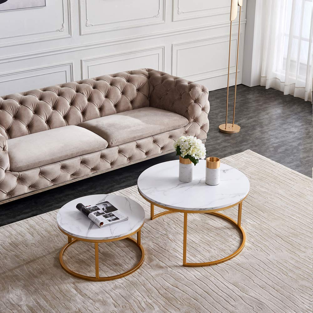UNIE Modern Nesting Coffee Table Set of 2 - Round Accent Tables with Faux Marble Wood Top & Gold Metal Frame - Living Room, Office, Balcony Decor - Gold & White (ORW24714369) - Perfect for Small Spaces & Stylish Home Decor