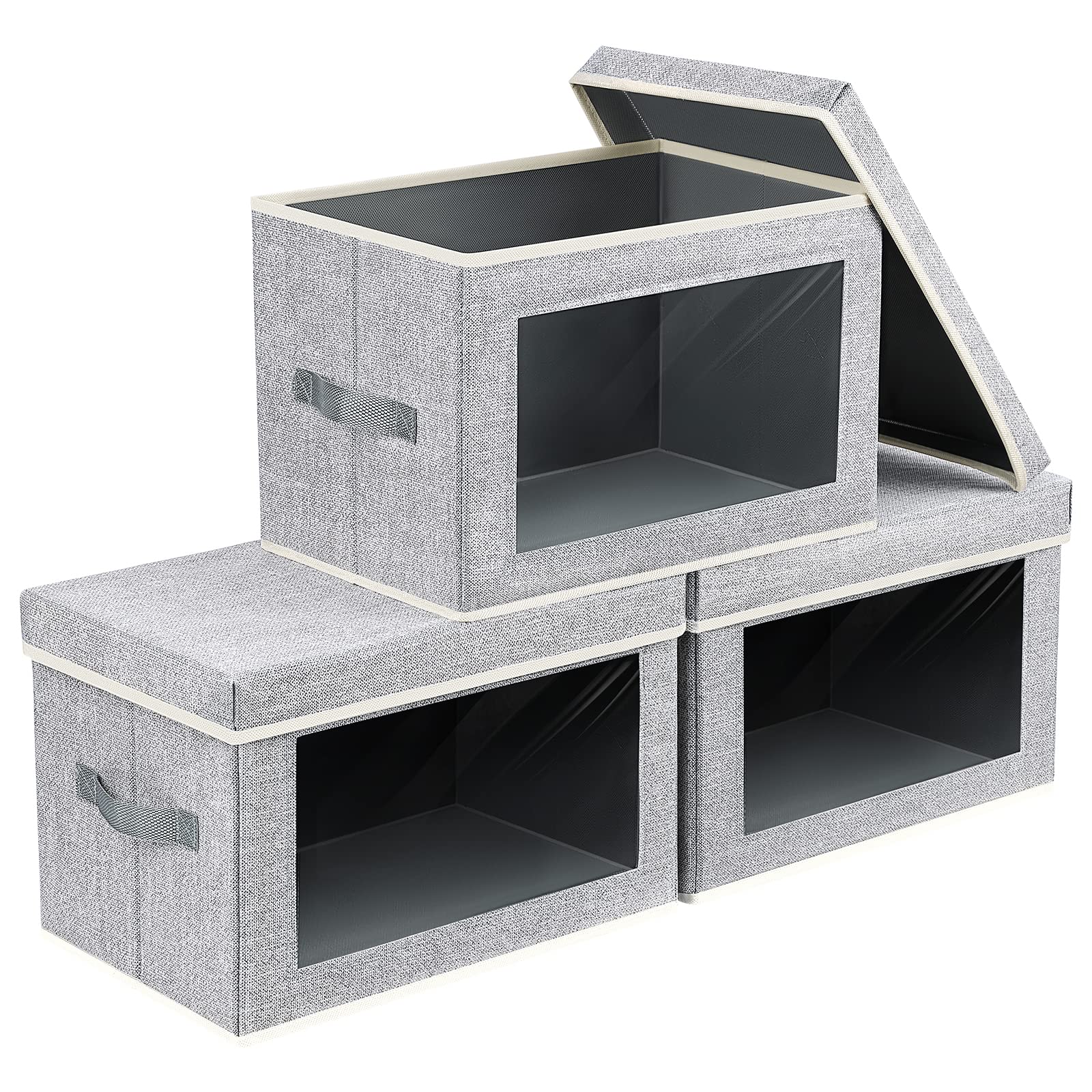 Foldable Fabric Storage Bins with Lids - 3 Pack Organizer Cubes with Clear Window for Shelves & Closets | Perfect for Towels, Clothes, Toys & Office Supplies | Space-Saving Home Organization Solution for Bedroom, Nursery & Dorm Rooms