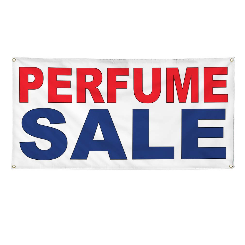 Custom Vinyl Banners for Outdoor Advertising - Red & Blue Perfume Sale Signs - Weatherproof & Durable - Multiple Sizes (60x144 Inches) with 10 Grommets - Perfect for Business Promotions, Yard Sales & Industrial Use