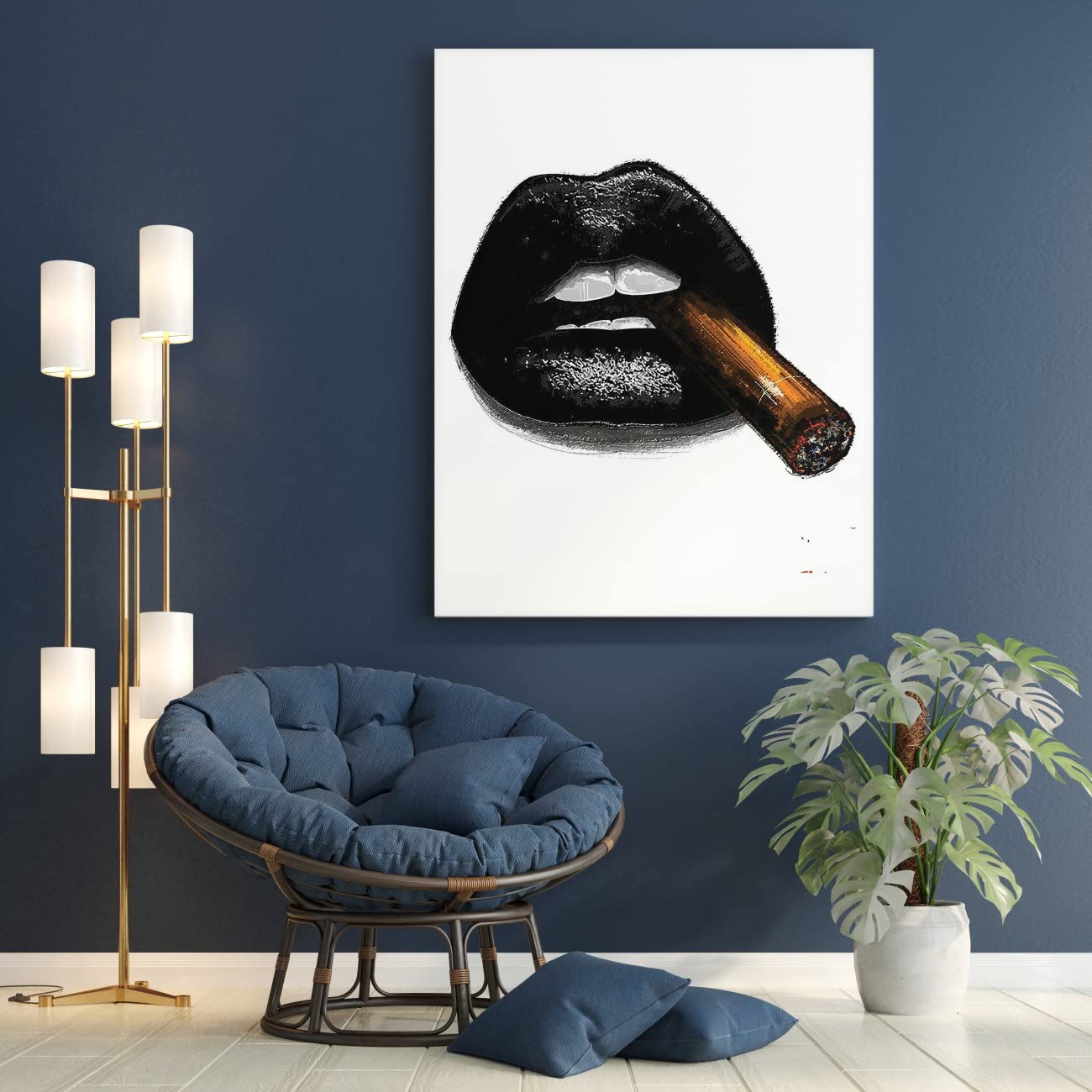 Gothic Black and White Lips Wall Art Canvas Print - 28x40 Inch Modern Home Decor with Burning Cigar Design for Living Room, Bedroom & Office | Unique Gothic Poster & Creative Wall Decor