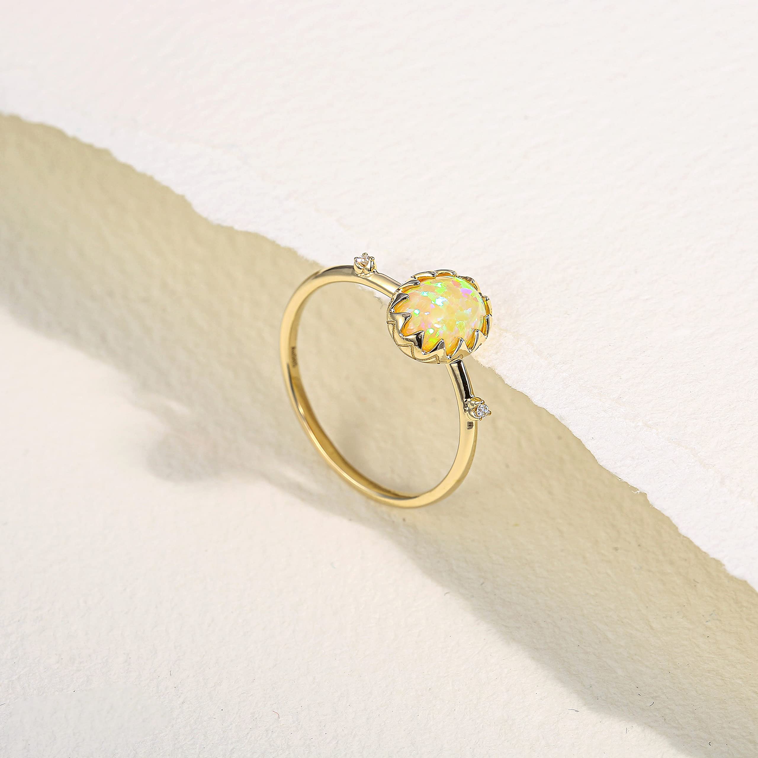 14K Solid Gold Yellow Opal & Diamond Jewelry Set - Necklace & Ring, October Birthstone, Promise & Engagement Ring, Dainty Everyday Jewelry for Women, Wife, Girlfriend - Anniversary, Birthday Gift (16+2 Inch Necklace, Size 7 Ring) | Perfect for Date Nights, Weddings, Special Occasions & Daily Wear