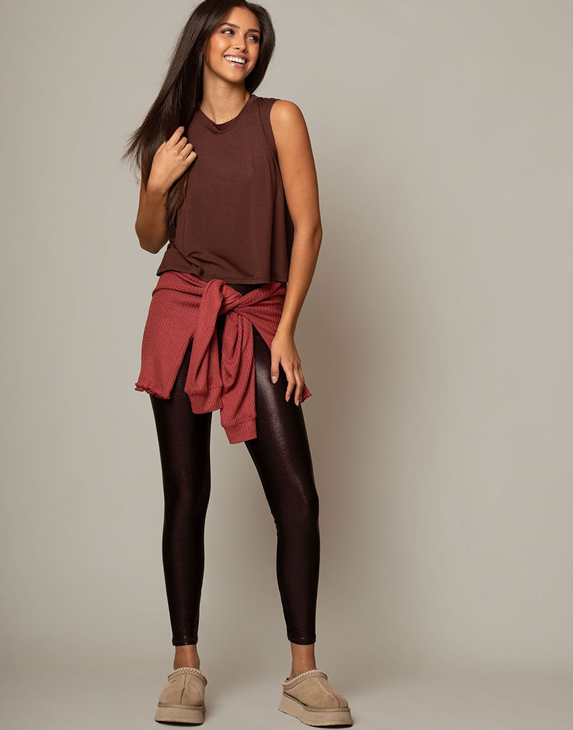 High Waist Chocolate Shimmer Leggings for Women - Soft Stretchy Yoga Pants with Shiny Metallic Finish - Perfect for Workout, Yoga, Running & Casual Wear