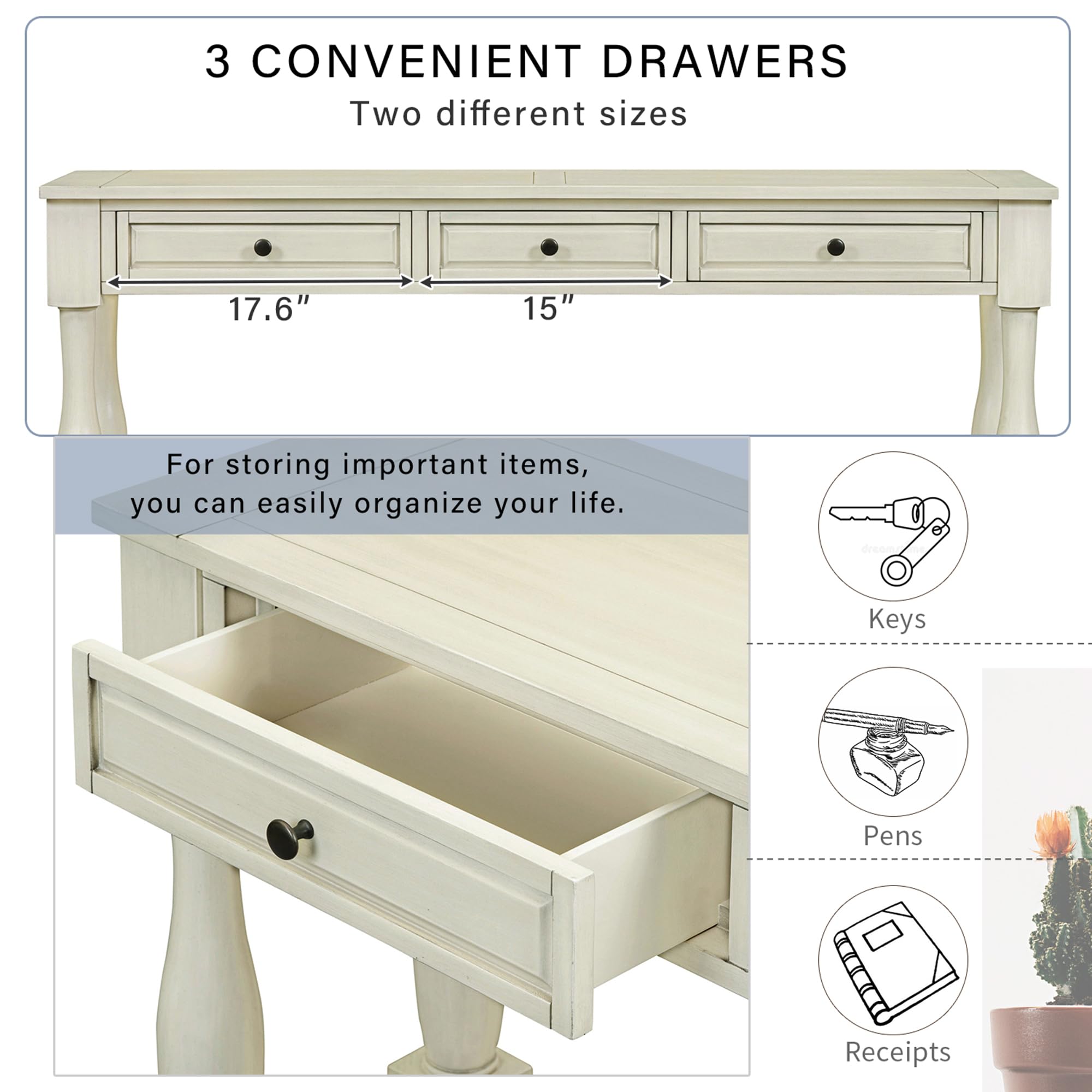 P PURLOVE Console Table with Drawers & Shelf - 55