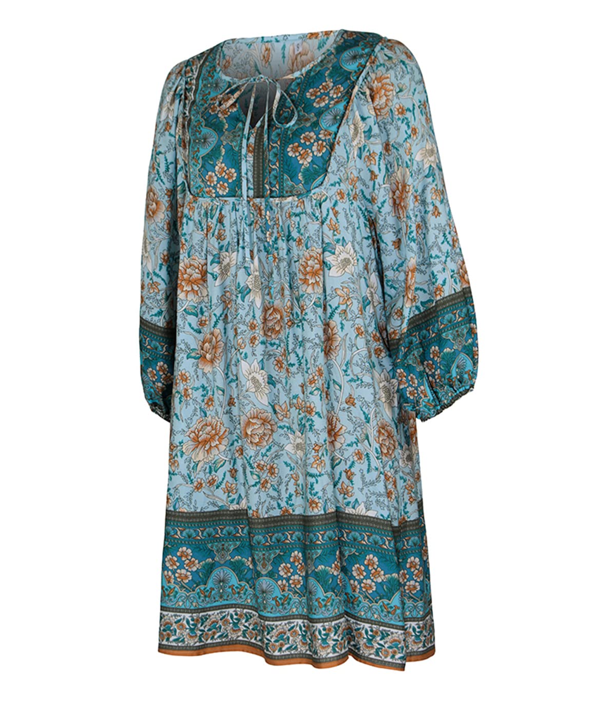 Floral Print V-Neck A-Line Mini Dress for Women - Long Sleeve Boho Summer Dress in Blue (X-Large) | Perfect for Spring Outings, Beach Vacations & Date Nights