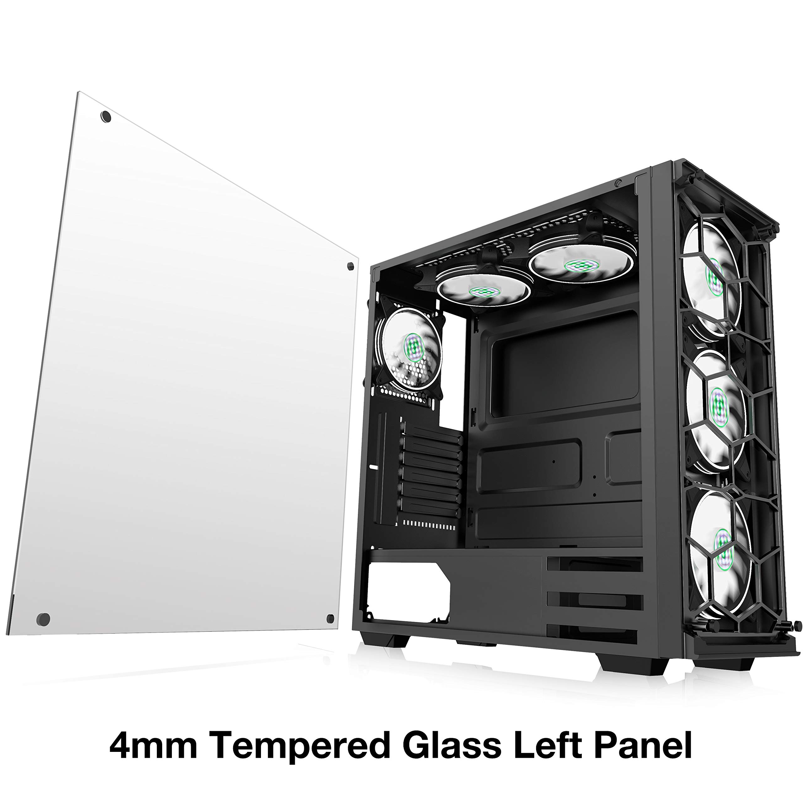 MUSETEX ATX Mid-Tower PC Case with 6 ARGB Fans, USB 3.0, Tempered Glass & Honeycomb Airflow - Phantom Black Gaming Computer Chassis 907-MS6 - Perfect for Gaming Rigs, Streaming Setups & High-Performance PCs