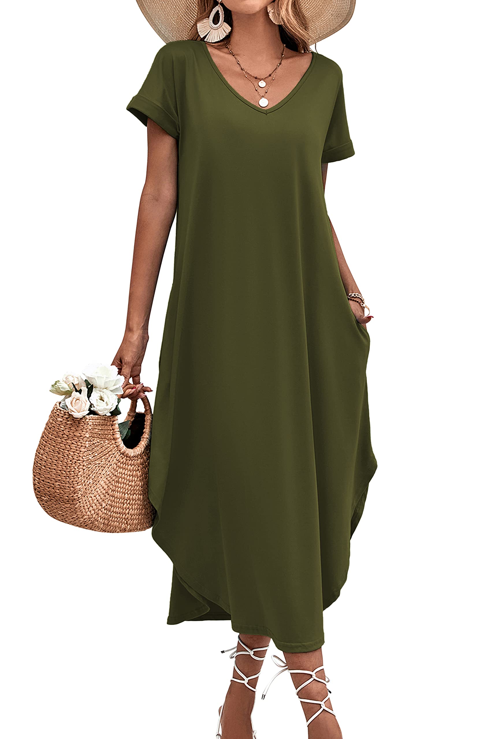 Ekouaer Women's V-Neck Nightgown with Pockets - Short Sleeve Sleepwear, Side Split Long Nightdress (Sizes S-3XL) - Perfect for Relaxing at Home, Lounging & Comfortable Sleep