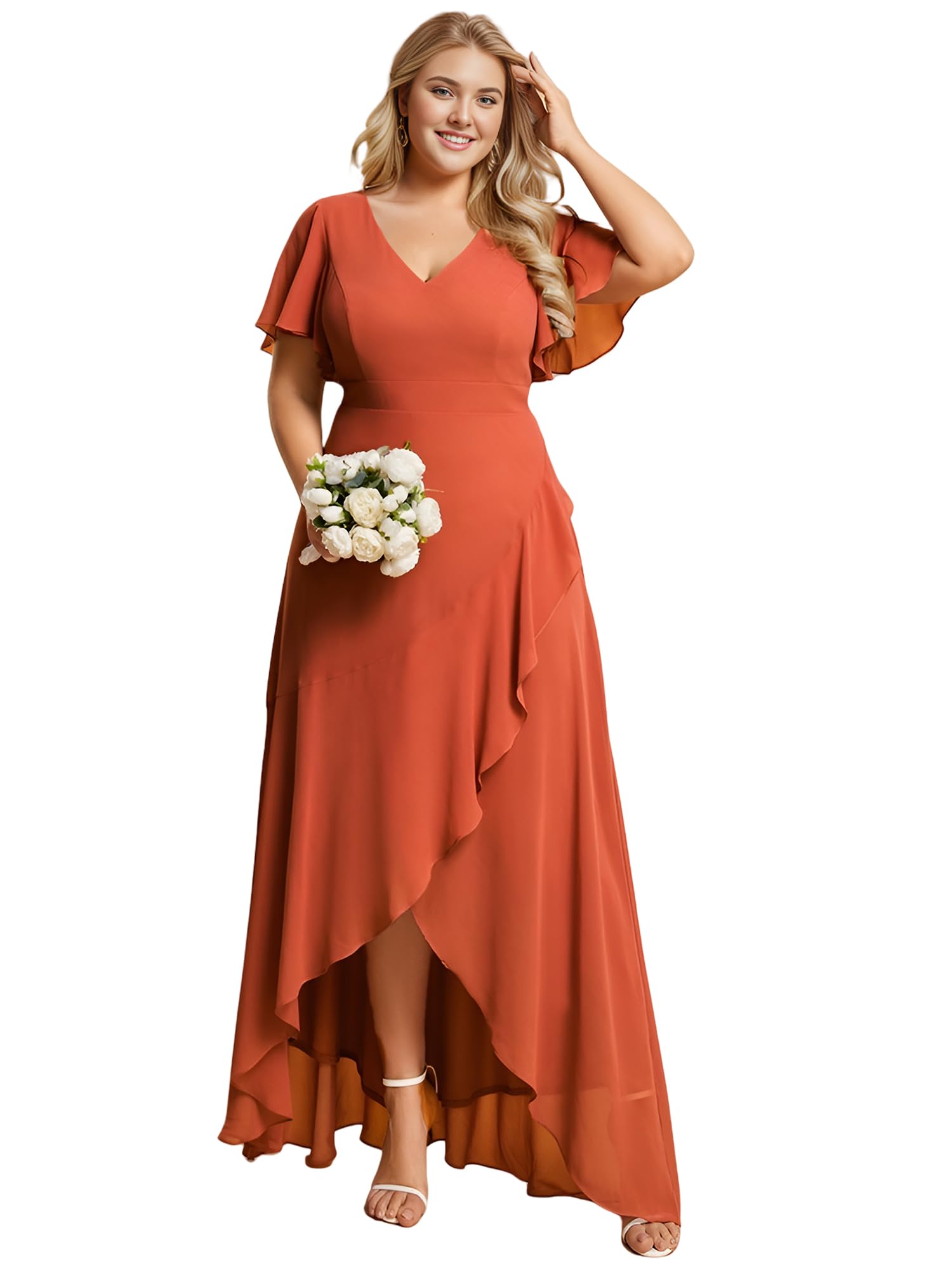 Ever-Pretty Women's Plus Size V-Neck High-Low Chiffon Dress with Sleeves for Wedding Guest, Semi-Formal Occasions & Summer Events - Perfect for Garden Parties, Cocktail Receptions & Bridesmaid Dresses (Style 1749-DAPH)