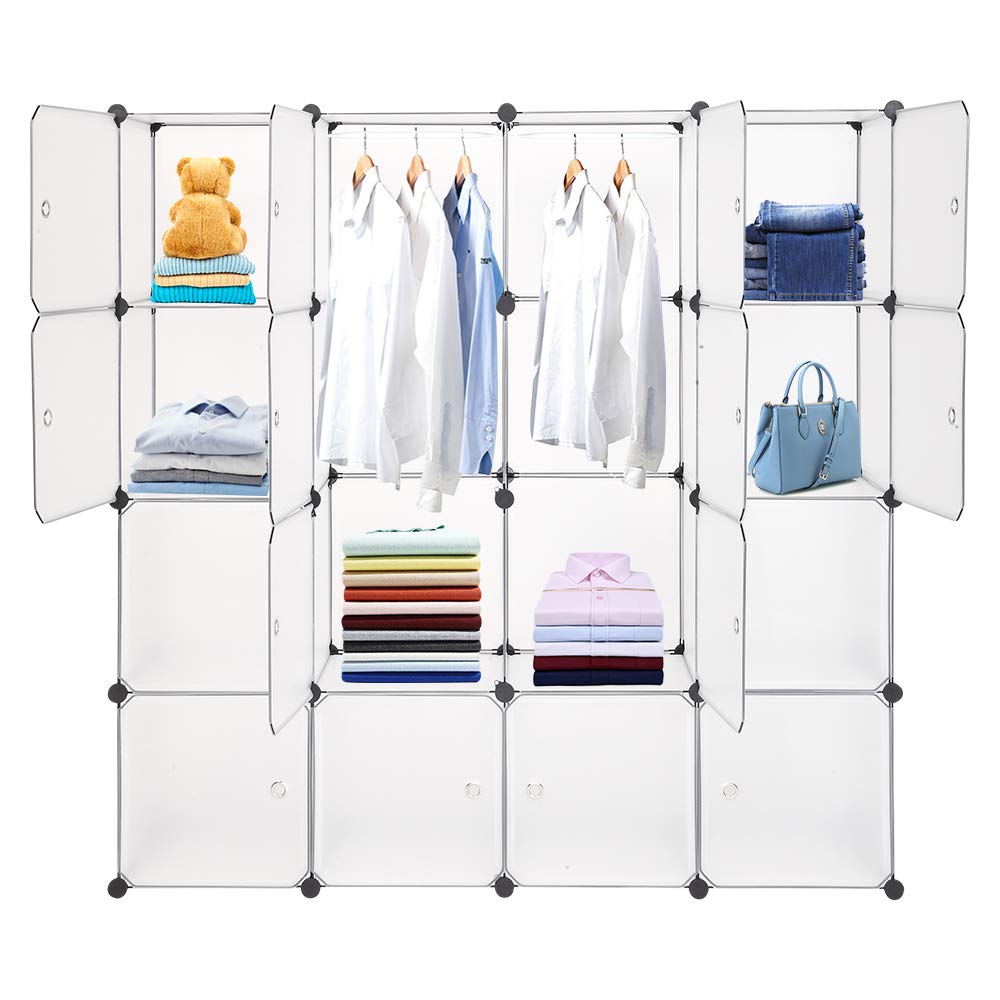 Modular Plastic Cube Storage Organizer with Doors & Hanging Rod - Stackable Shelving Unit, Bookcase & Closet Cabinet for Living Room - White (58