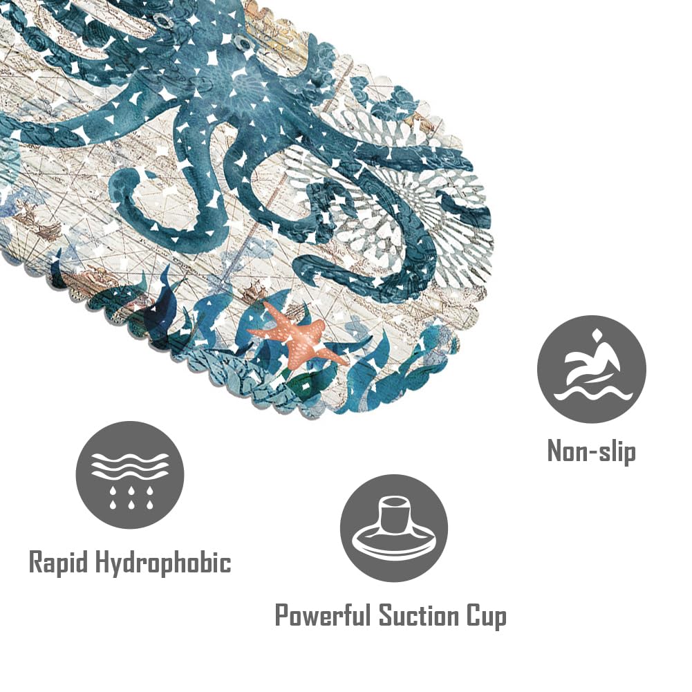 Non-Slip Octopus Bathtub Mat with Suction Cups - Safety Vinyl Anti-Skid Shower Mat for Baby & Kids - Coastal Ocean Beach Nautical Bathroom Decor - Perfect for Bath Safety, Nursery, and Coastal-Themed Home Decor