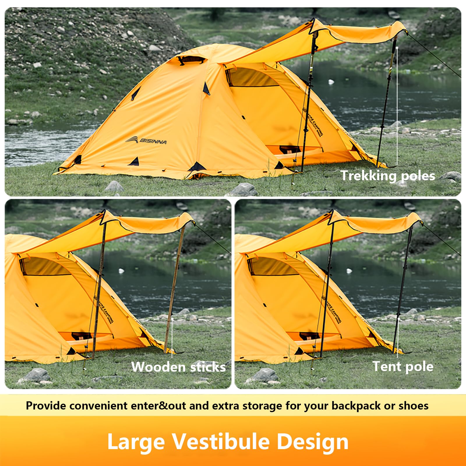 BISINNA 4 Season Backpacking Tent - 2 Person Lightweight Winter Tent for Cold Weather, Waterproof Double Layer All Season Camping Tent with Aluminum Alloy Poles - Easy Setup for Hiking, Mountaineering & Outdoor Adventures