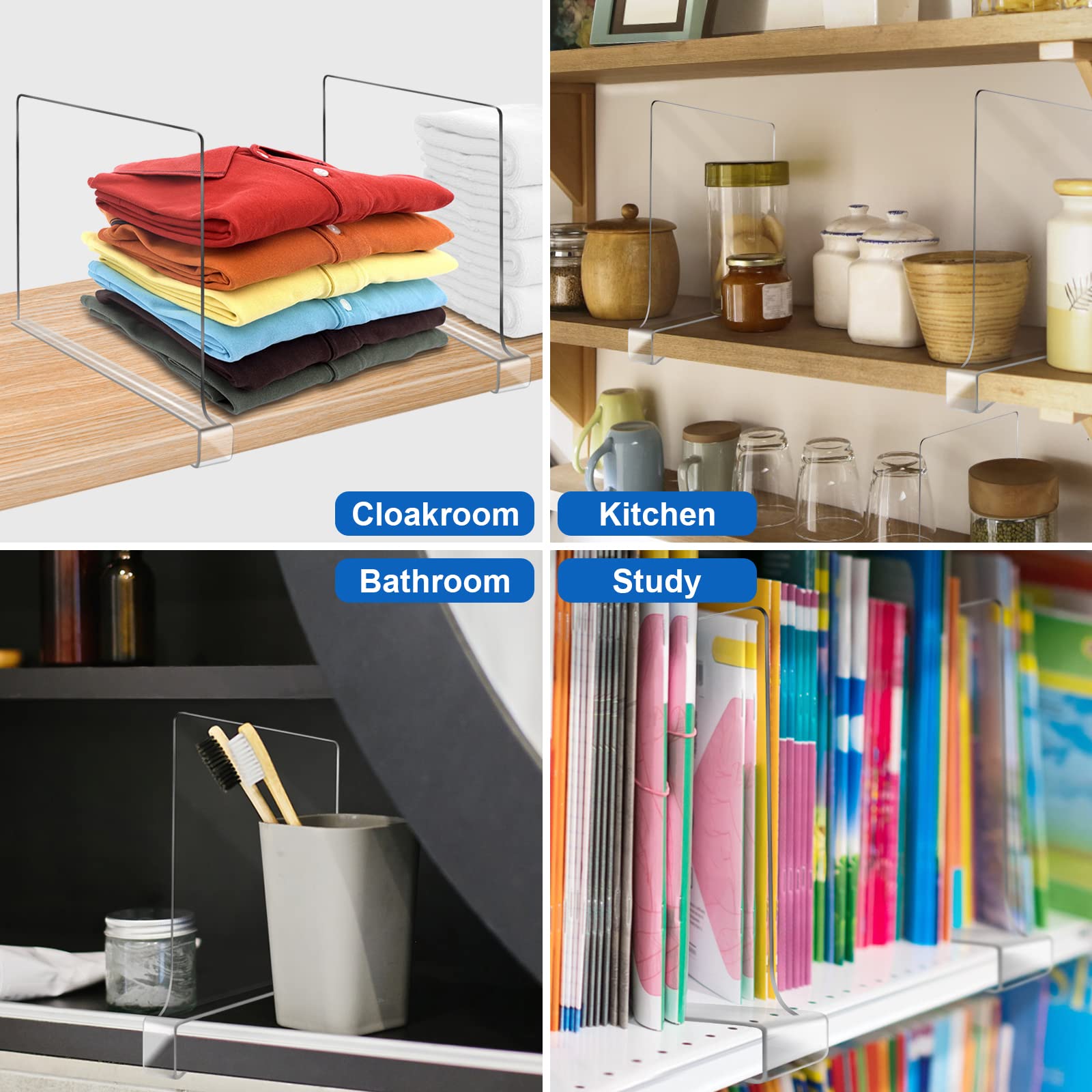 10-Pack Clear Acrylic Shelf Dividers for Closet Organization - Wood Shelf Organizer, Closet Separator & Storage Solution - Perfect for Pantry, Bookshelf, and Wardrobe Organization