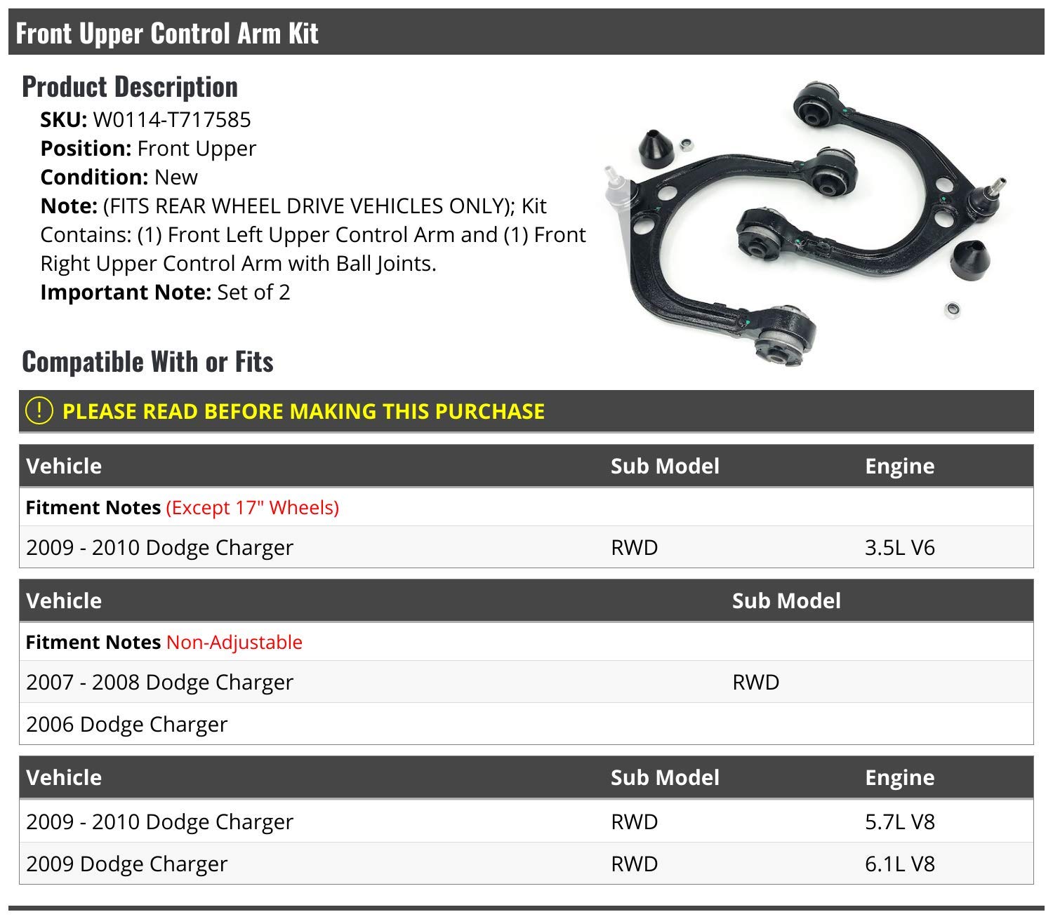 2006-2010 Dodge Charger RWD Front Upper Control Arm & Ball Joint Set of 2 - Heavy Duty Suspension Replacement Parts for Smooth Ride & Handling - Perfect for DIY Repairs & Professional Auto Shops