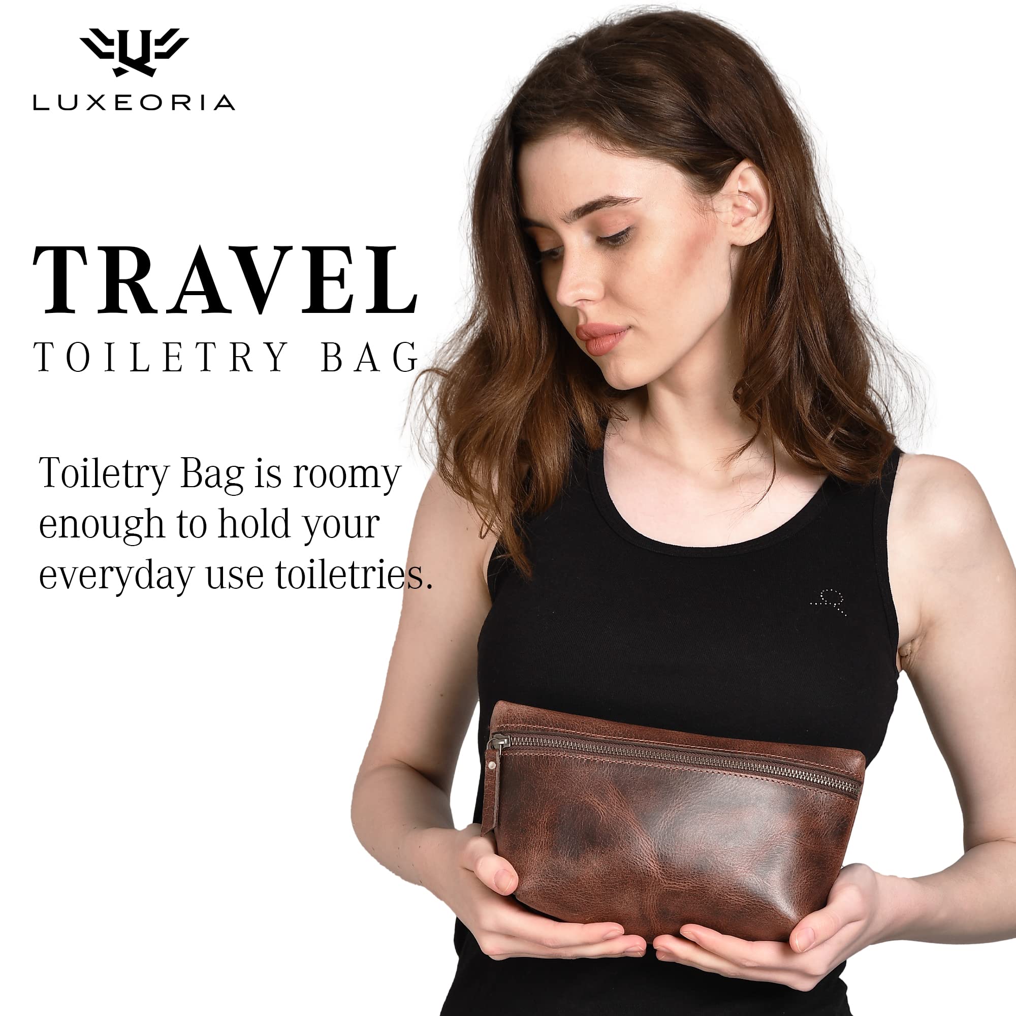LUXEORIA Genuine Leather Toiletry Bag for Men & Women - Handmade Premium Leather Dopp Kit, Shaving Bag & Cosmetic Organizer - Perfect for Travel, Gym & Daily Essentials Storage