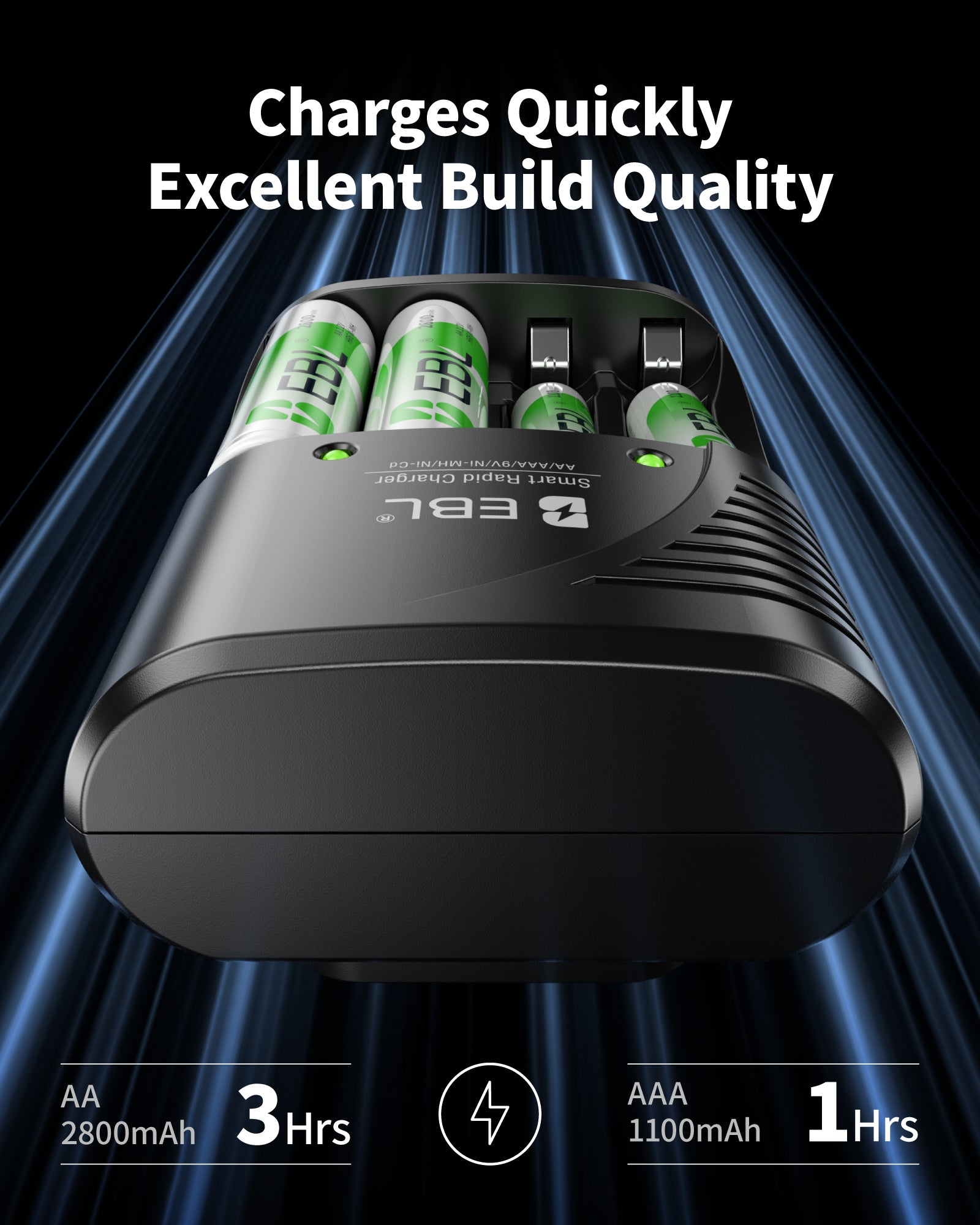 EBL 802 Smart Battery Charger for 9V AA AAA NiMH NiCD Rechargeable Batteries - Fast Charging for Cameras, Toys, Flashlights & Electronics