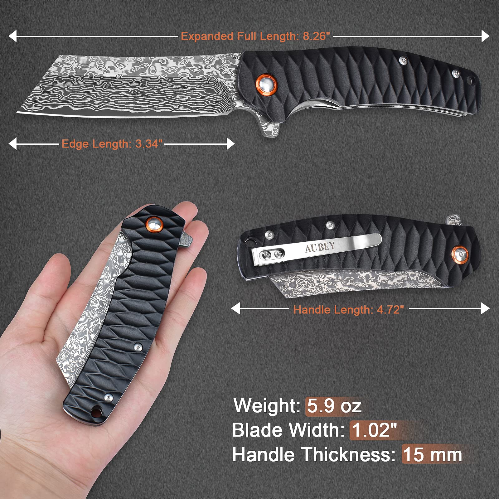 AUBEY Damascus Pocket Knife - 3.34