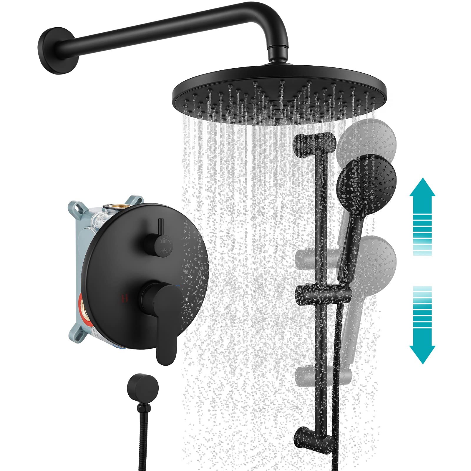 Premium Matte Black Shower System - 10 Inch Rainfall Shower Head, Wall Mounted Slide Bar & 3-Setting ABS Handheld Shower with Rough-in Valve - Modern Bathroom Shower Faucet Set for Spa-Like Experience at Home