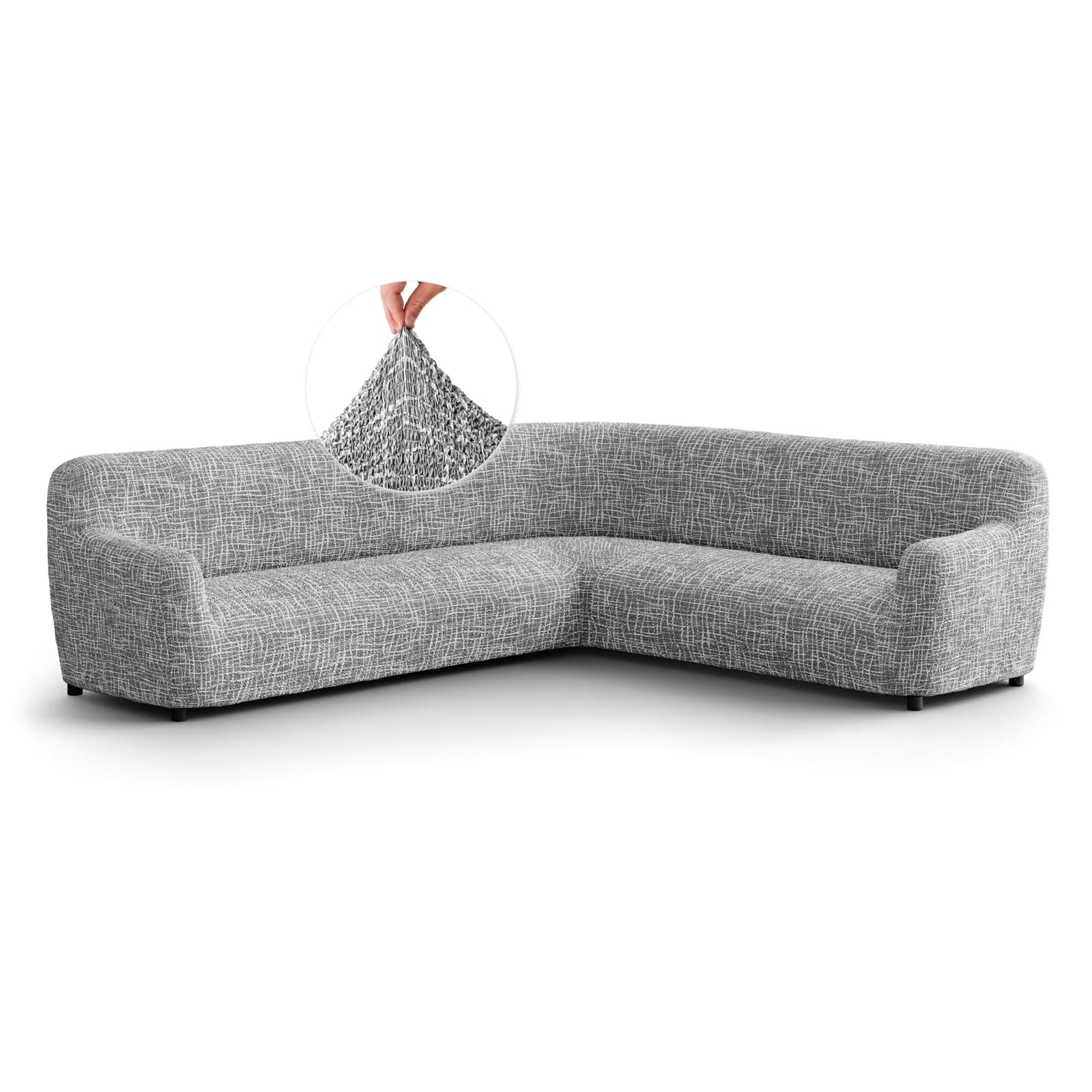 Corner Sofa Slipcover - Stretchable 1-Piece Sectional Sofa Cover - Soft Polyester Microfiber Printed Furniture Protector - Graffio Grey - Perfect for Living Room, Family Room & Home Decor