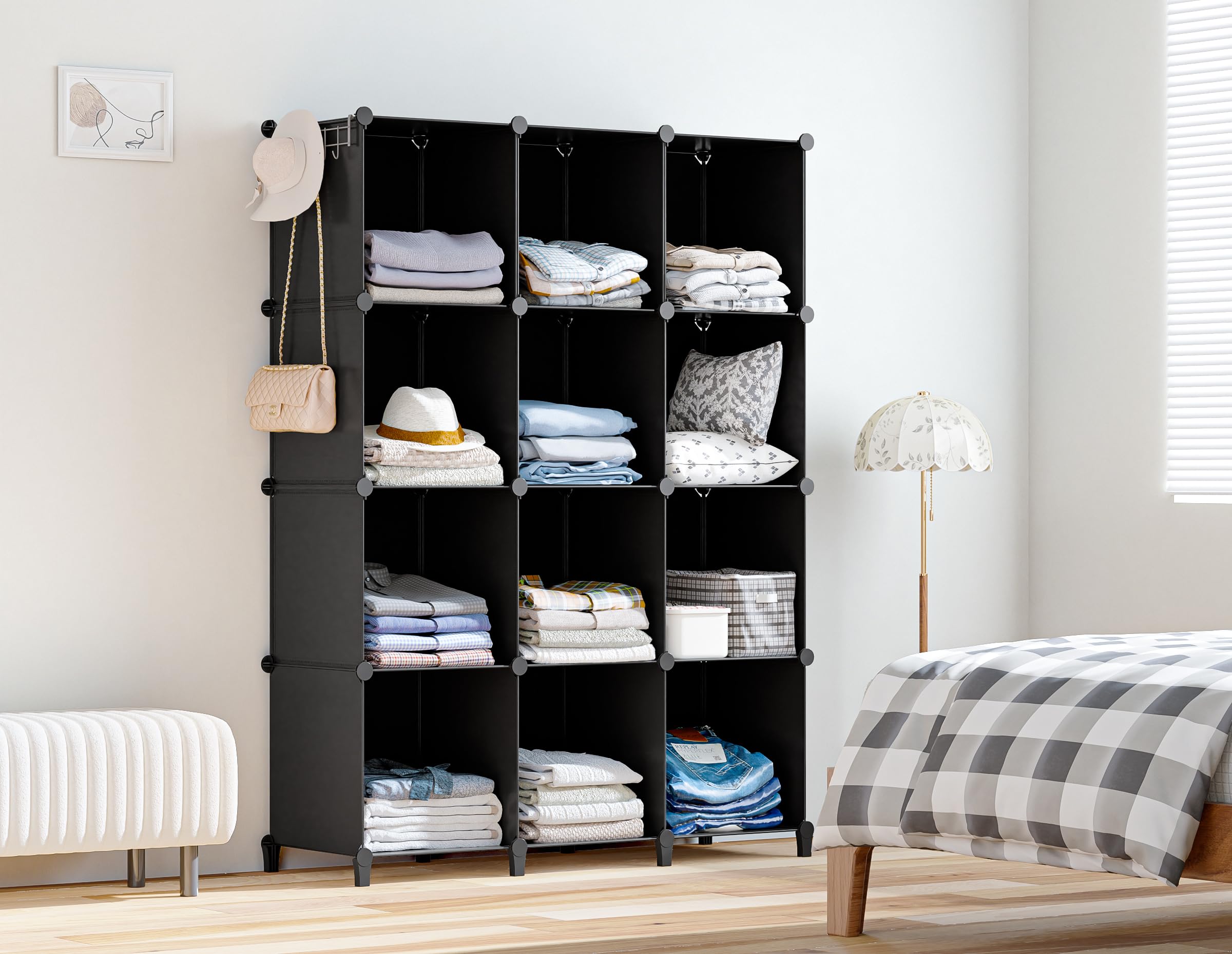HOMIDEC 12-Cube Closet Organizer & Storage Shelf - Portable Closet Organizer for Kids Clothes, Bedroom, Bathroom, Office - 11.8x11.8x11.8 Inches, Black - Perfect for Space Saving & Home Organization
