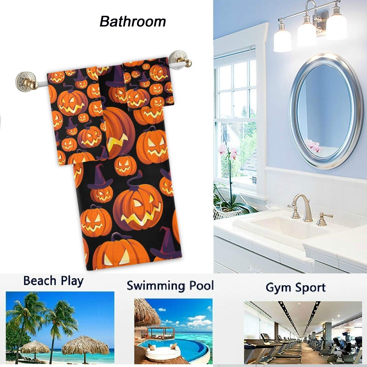 Halloween Pumpkin Floral Pattern Luxury Bath Towel Set - 1 Bath Towel, 1 Hand Towel & 1 Washcloth - Soft Absorbent Cotton for Bathroom, Spa, Hotel & Gym - Perfect for Fall Decor, Thanksgiving & Cozy Home Decor