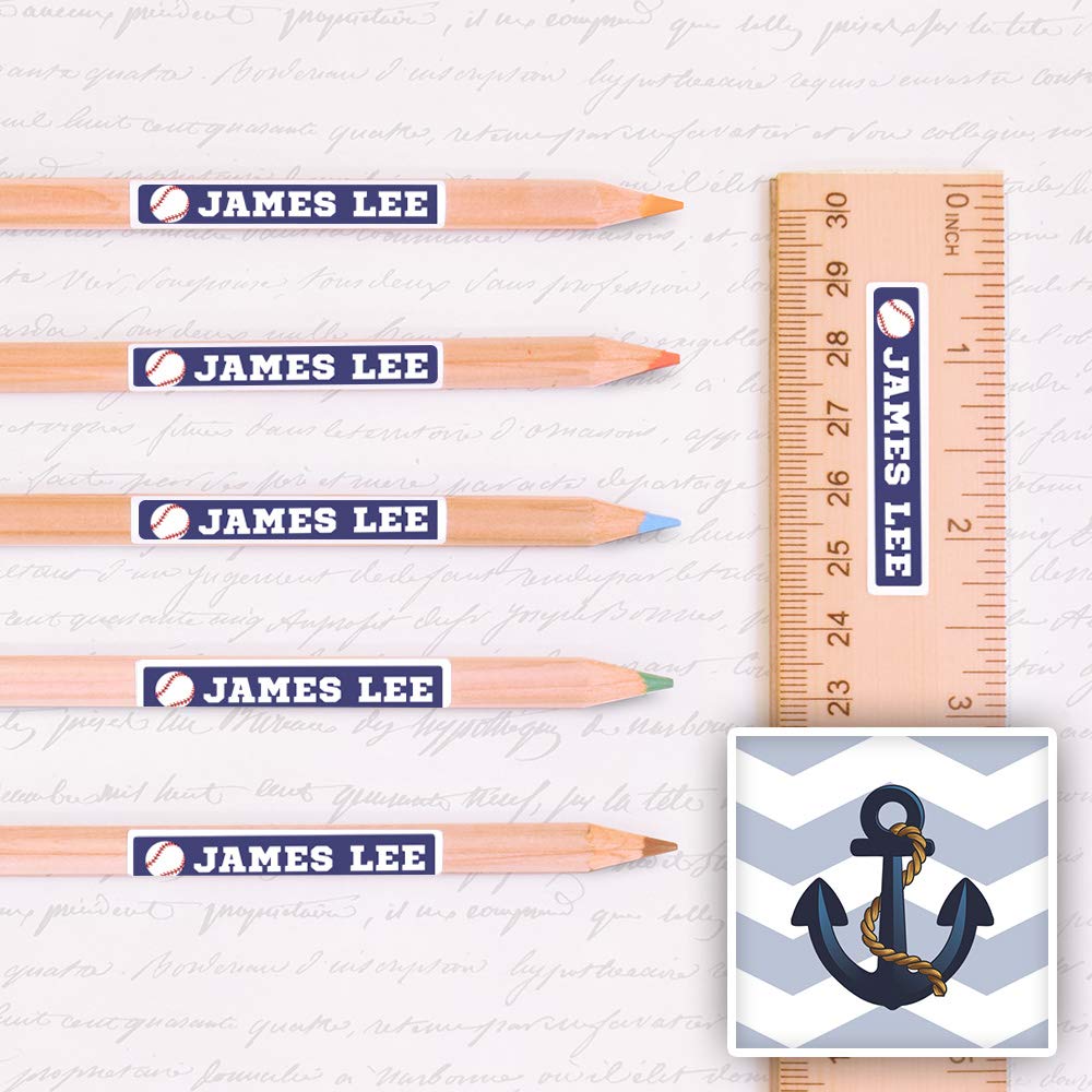 Peel & Stick Waterproof Name Labels - 80 Skinny Personalized Anchor Design Labels for Kids School Supplies, Lunch Boxes & Water Bottles
