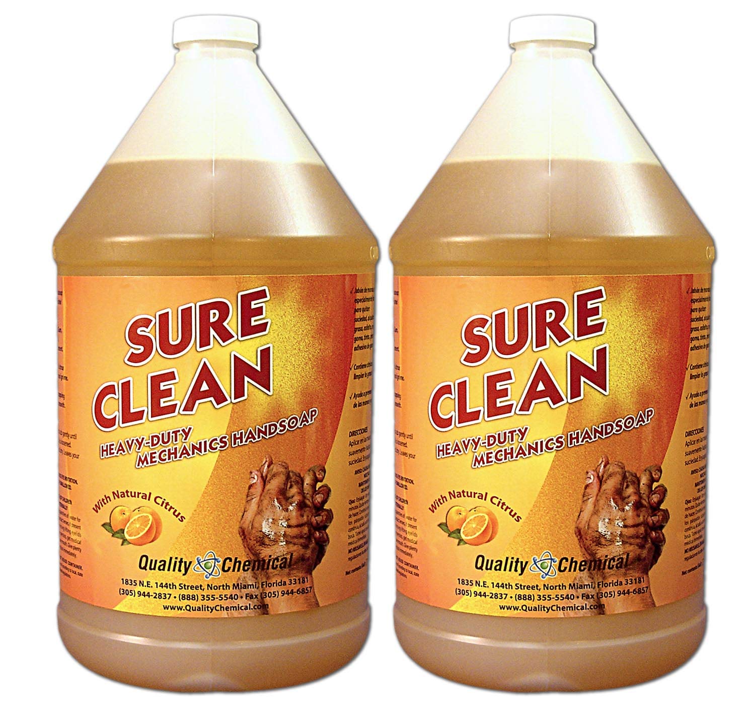 Quality Chemical Sure Clean Mechanics Hand Soap - Heavy Duty Goop Hand Cleaner for Grease & Oil Removal, Orange Scented Industrial Hand Wash - 128 oz (Pack of 2) - Perfect for Auto Shops, Construction Sites & DIY Garage Projects