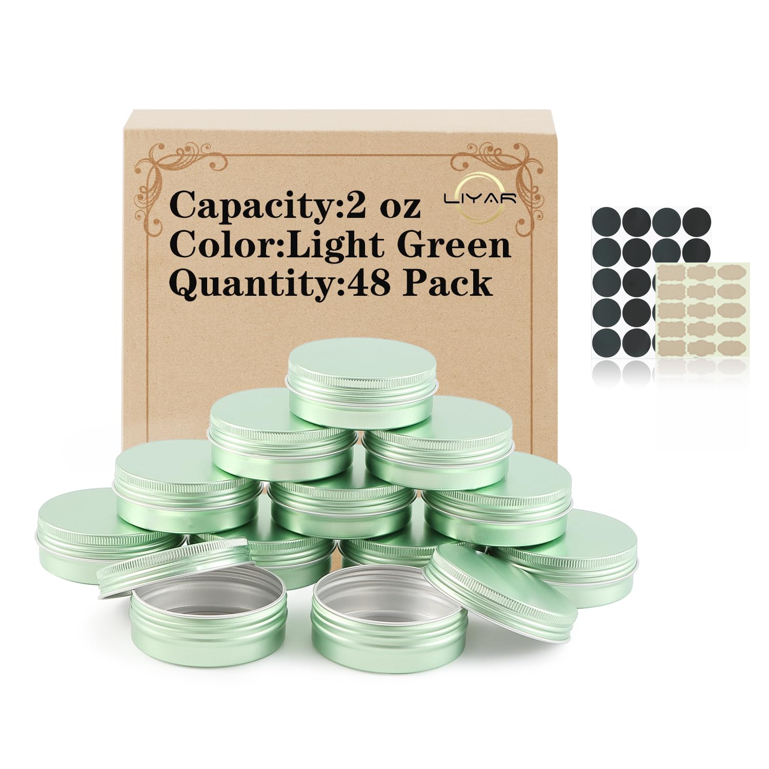 48 Pack 2 oz Aluminum Tin Jars with Lids - Small Metal Containers for Candles, Balms, Salves, Spices & DIY Crafts (Pale Green) | Perfect for Home Organizing, Travel & Gift Packaging