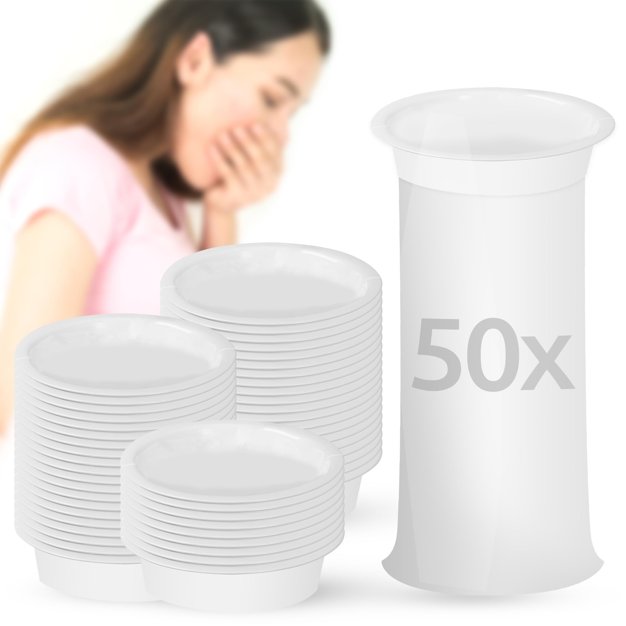ECENCE Vomit Bags with Ring 50 Pack, Disposable Puke Bags for Cars, Travel & Airplanes, Leak-Proof & Odor-Blocking, High Capacity & Easy Seal – Perfect for Motion Sickness, Pregnancy & Emergency Use