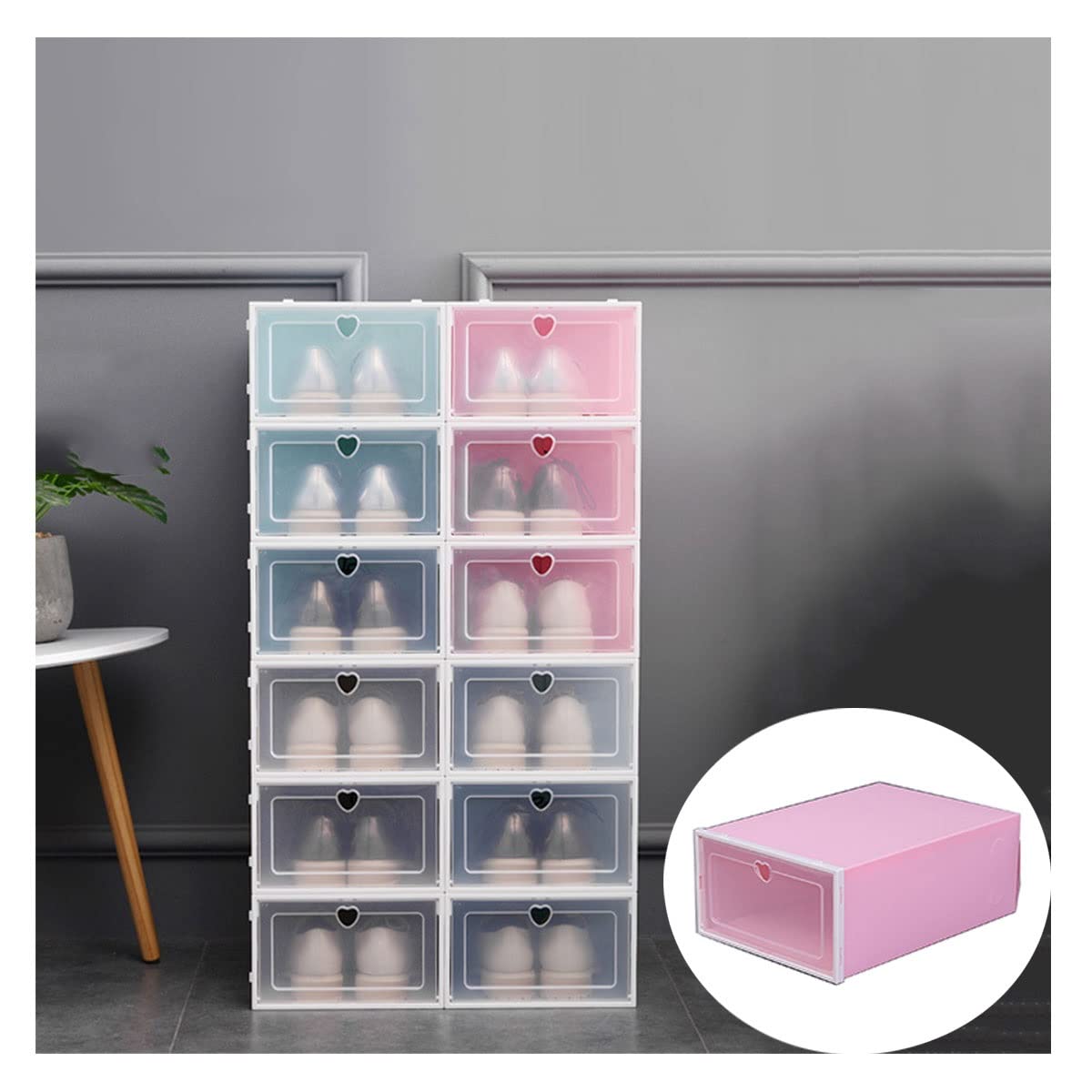 HUKSXZ Clear Plastic Stackable Shoe Storage Boxes - Foldable Clamshell Shoe Organizer for Closet Shelf, 8-Piece Set (Pink) | Perfect for Sneaker Display, Shoe Collection & Closet Organization