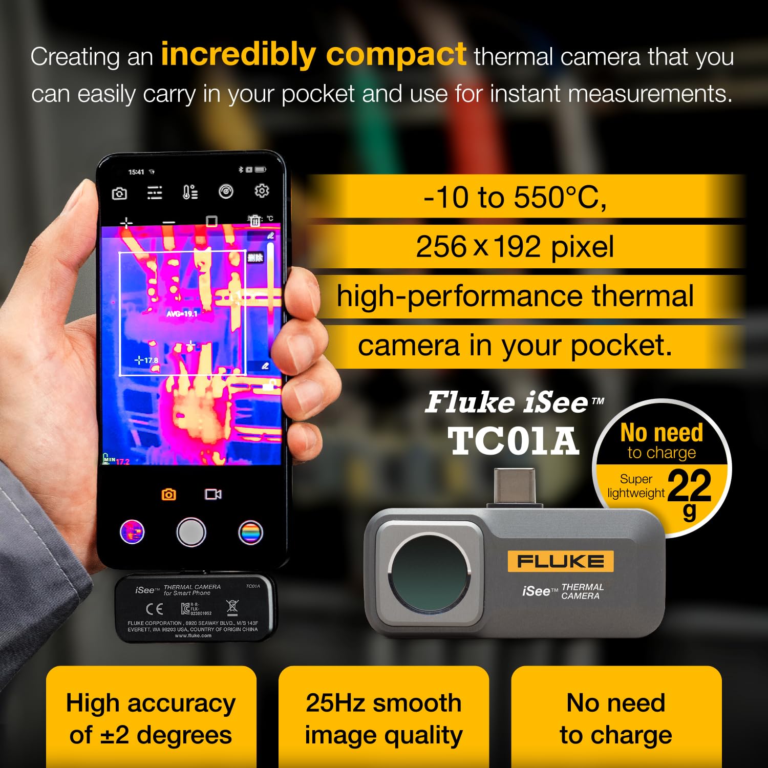 Fluke Thermal Camera for Android Smartphones - USB-C Infrared Thermal Imaging Device, Professional Grade Plug & Play - Perfect for Home Inspection, HVAC, Electrical Maintenance & Industrial Applications