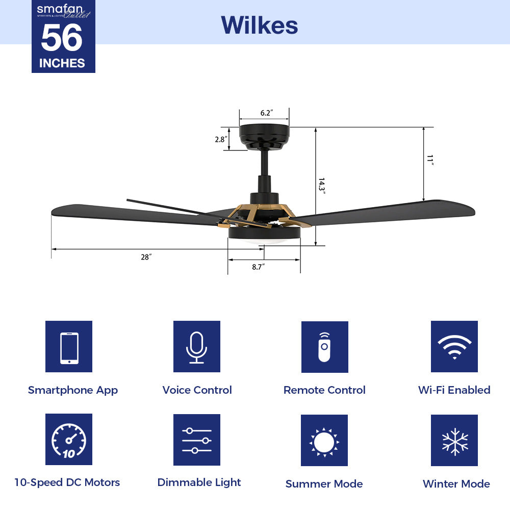 Wilkes 56 Inch Smart Outdoor Ceiling Fan with Remote Control & Dimmable LED Light - Perfect for Patio, Deck, and Covered Porch Cooling