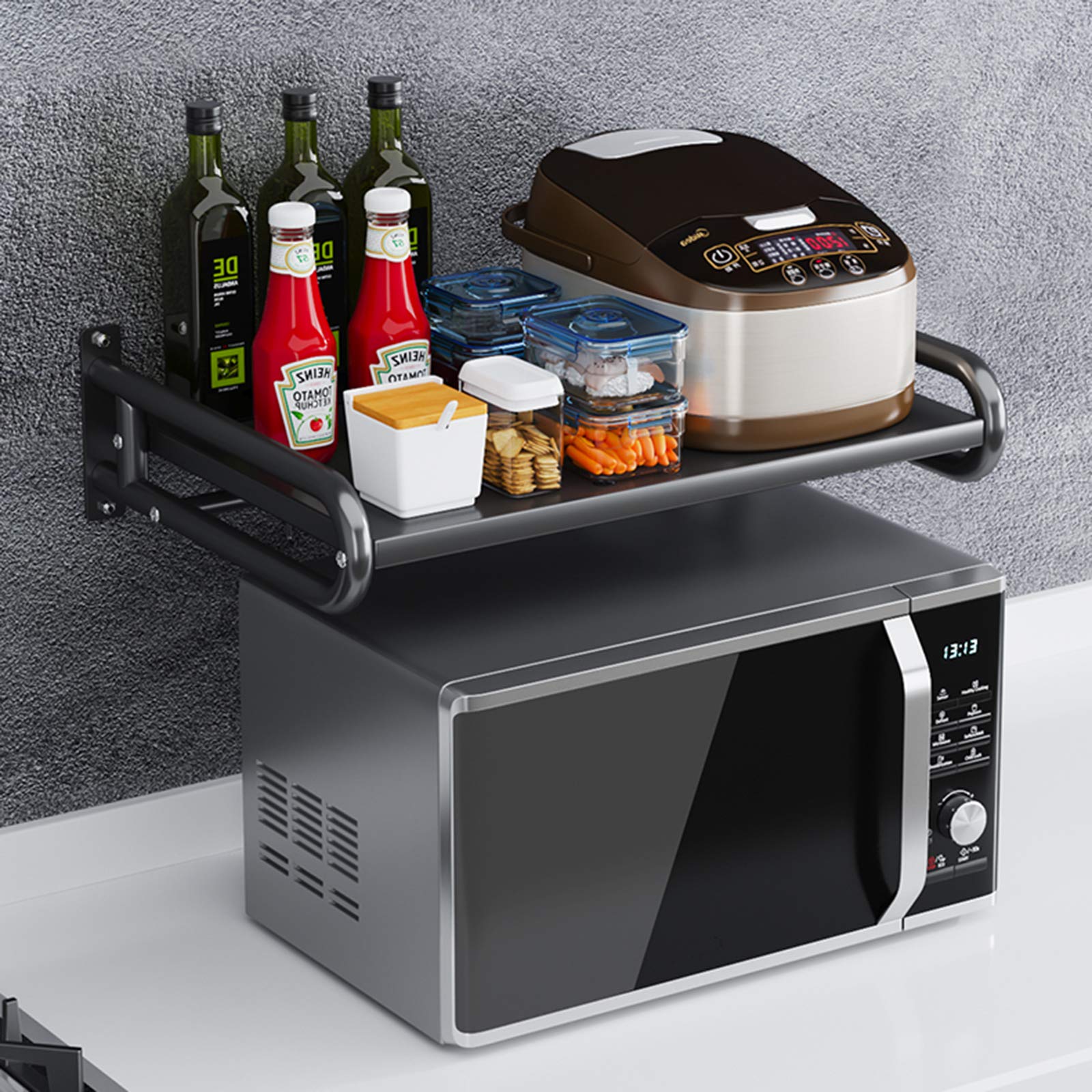 Stainless Steel Wall Mounted Microwave Shelf - Heavy Duty Oven Rack Stand with Bracket, Space Saving Kitchen Storage Organizer for Microwave, Toaster Oven, Coffee Maker - Perfect for Small Kitchens & Apartments (Size B)