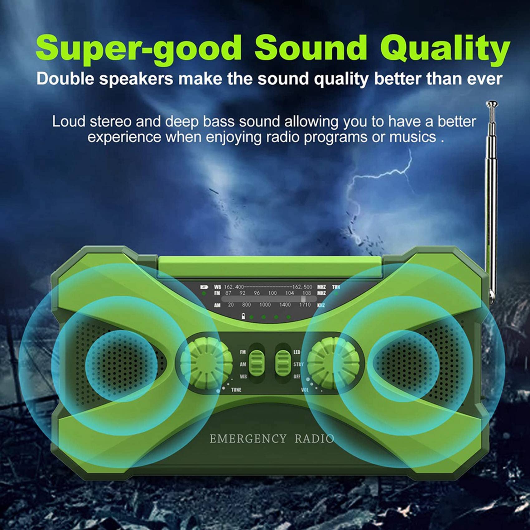 VENEKA 3X 10000mAh Solar Hand Crank Emergency Radio with Phone Charger & LED Flashlight - Portable Power Bank for Outdoor Camping, Hiking, and Emergency Preparedness (Green)