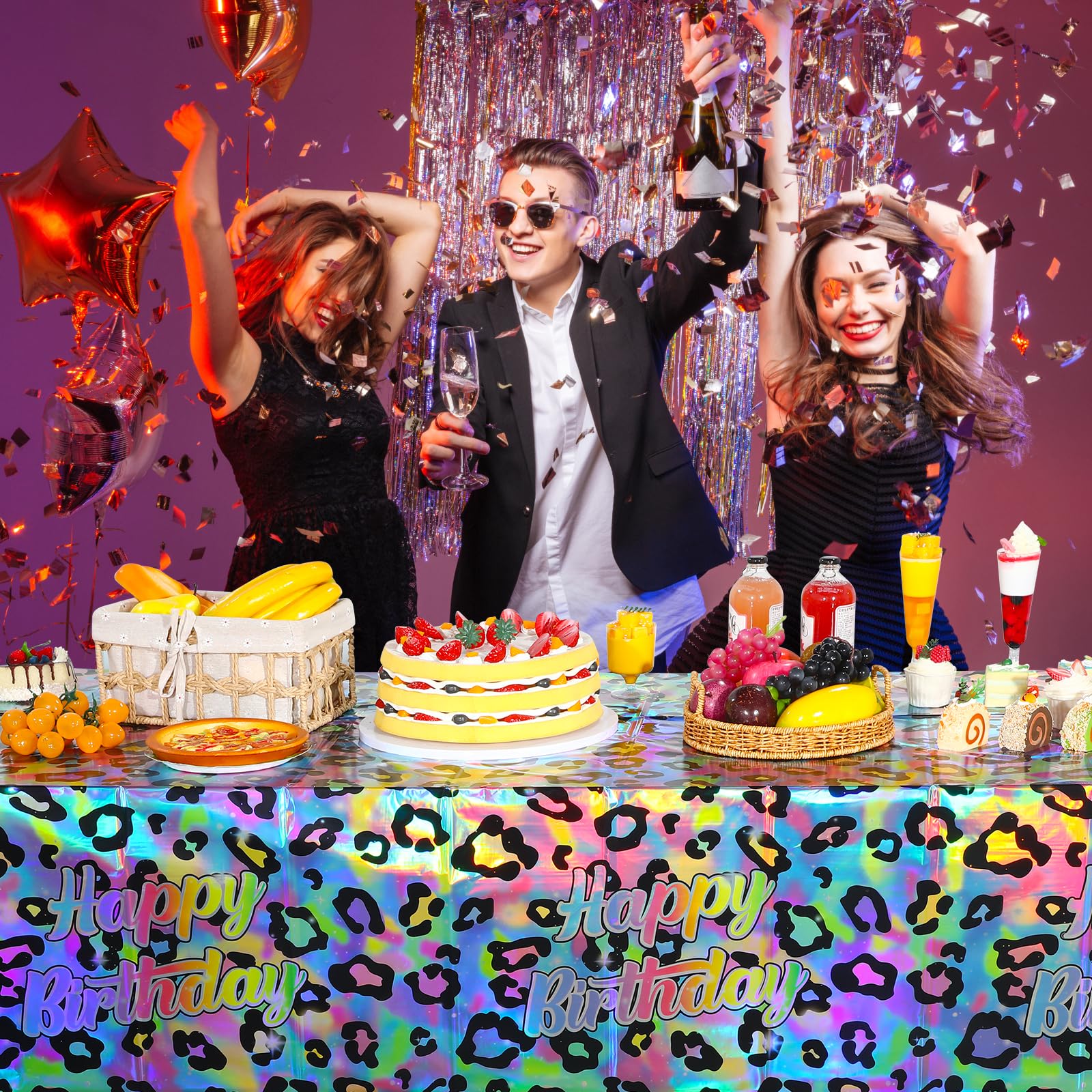 3 Pack Cheetah Print Disposable Plastic Tablecloths - 54x108 Inch Iridescent Neon Rainbow Leopard Birthday Party Decorations - Safari Theme Table Covers for Birthday, Baby Shower, Bridal Shower & Holiday Celebrations