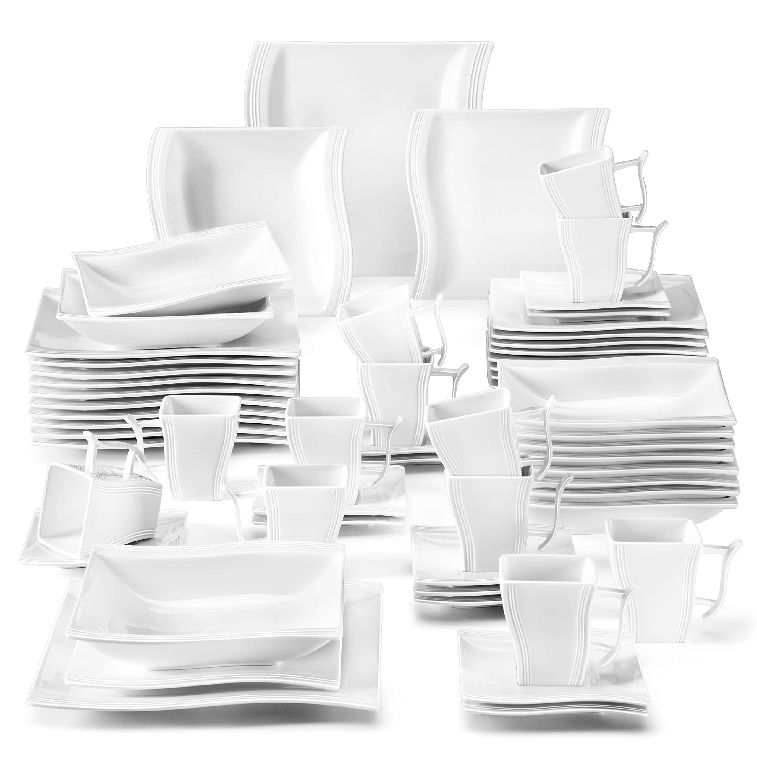 MALACASA 60-Piece Ivory White Porcelain Dinnerware Set for 12 - Dinner Plates, Bowls, Cups & Saucers, Square Dishes - Flora Series | Elegant Table Setting for Weddings, Holidays & Fine Dining