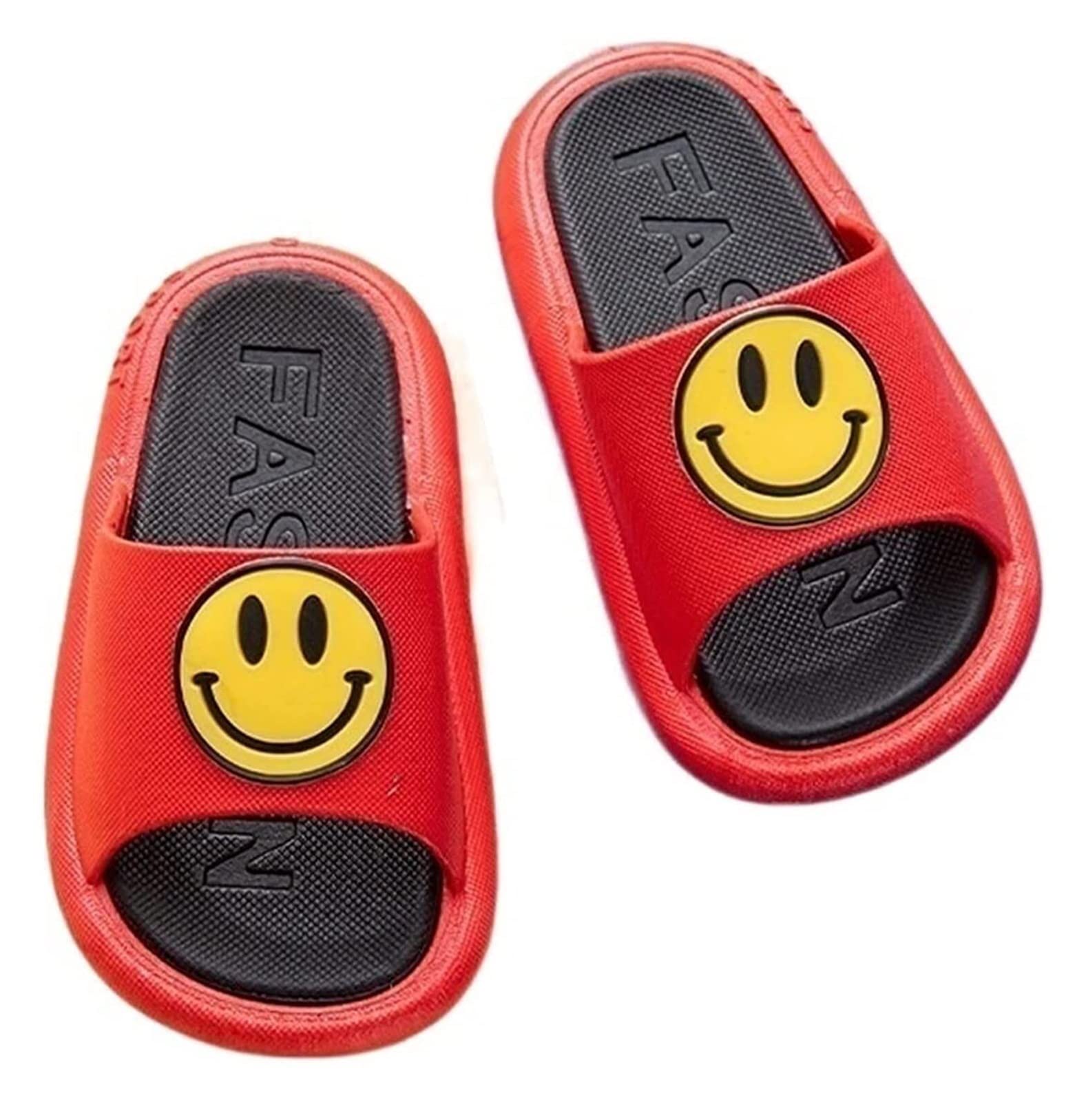 QINGJIA Smiley Face Slippers - Soft Cushioned House Slippers for Women & Men, Breathable Kids Slippers & Beach Sandals with Odor-Resistant Material (Red, Size 10 Little Kid) - Perfect for Home, Beach & Indoor Comfort