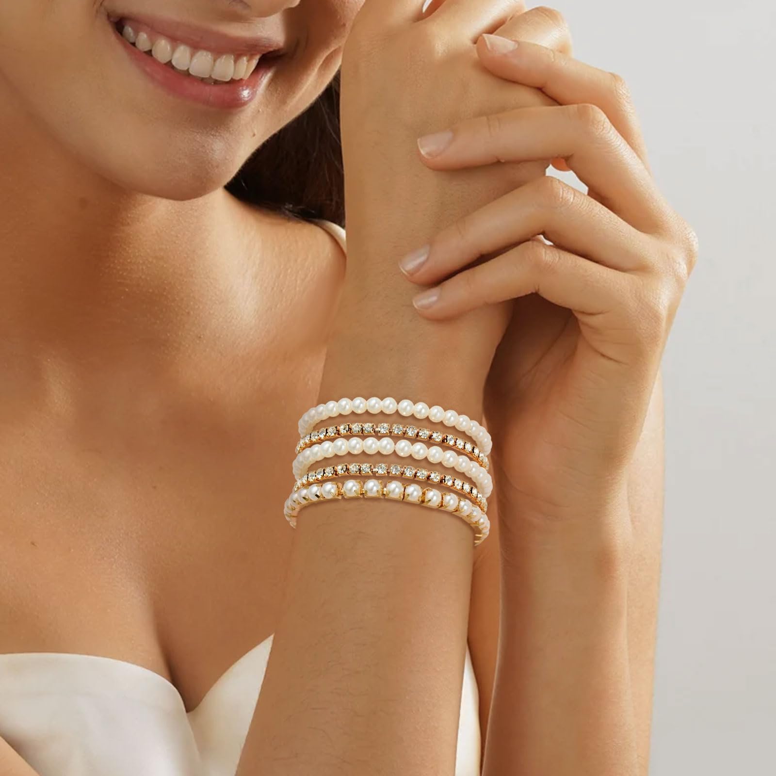 Elegant Pearl Bracelets for Women - Stretch Crystal Rhinestone Beaded Bangle, Stackable Wedding Jewelry for Brides | Perfect for Bridal Accessories, Anniversary Gifts & Formal Occasions