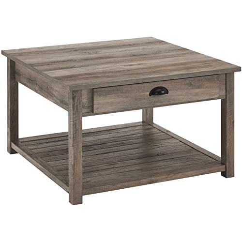 Walker Edison Modern Country Square Coffee Table with Storage Shelf - 30 Inch Grey Wash Accent Ottoman for Living Room | Perfect for Home Decor, Small Space Furniture & Extra Storage