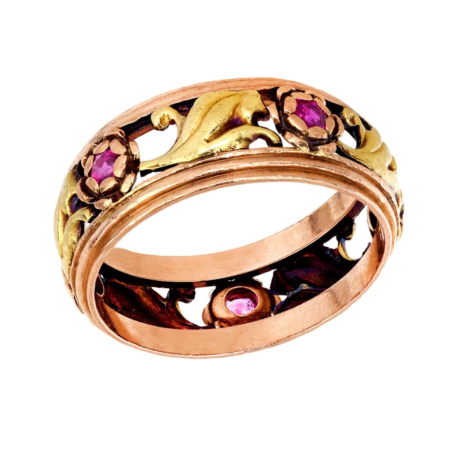 14k Gold Mixed Metals Ruby Floral Motif Band Ring - Vintage Inspired Jewelry for Women, Perfect for Weddings, Anniversaries & Special Occasions