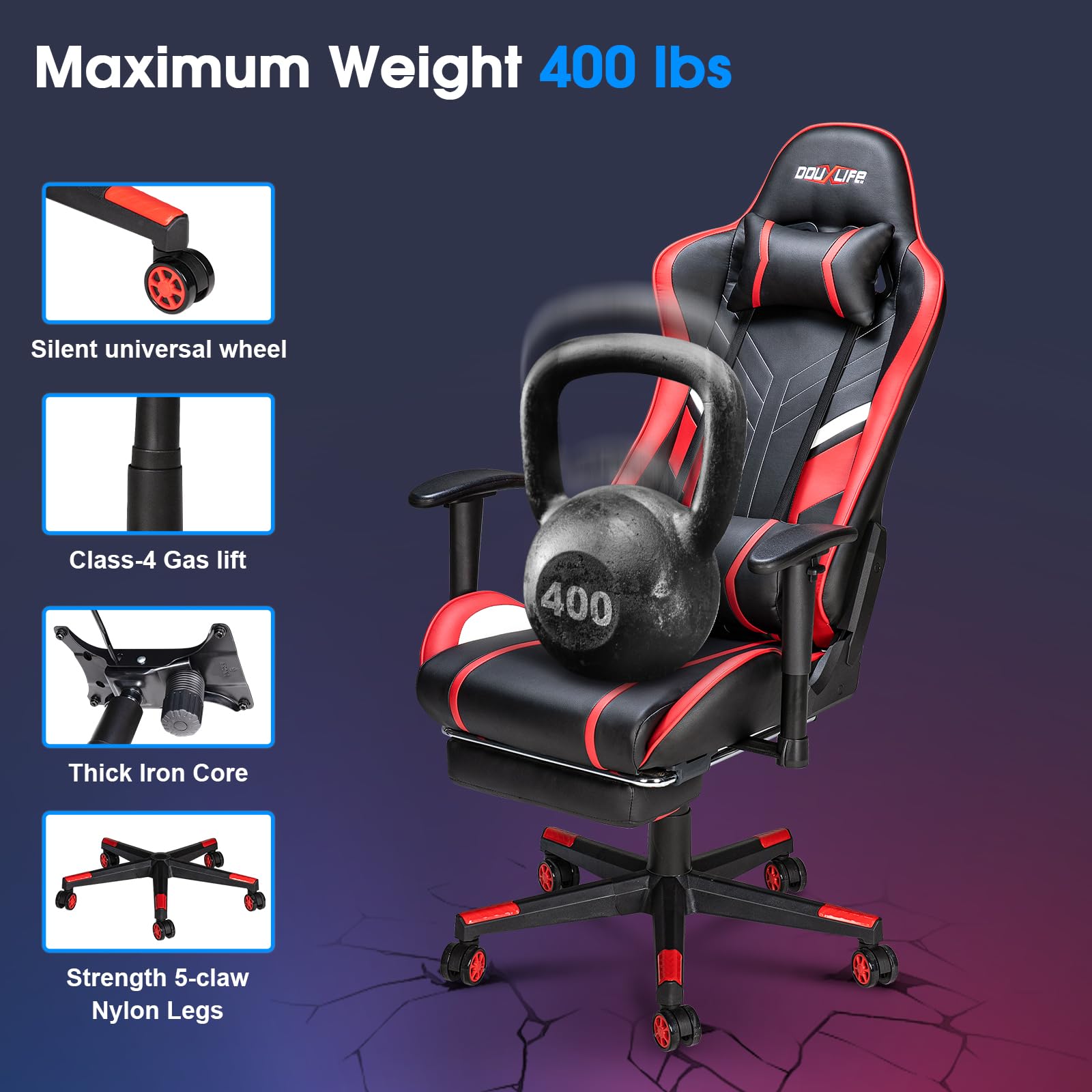 7-Point Massage Gaming Chair with Footrest - 175° Reclining Ergonomic Office Computer Chair, High Back Video Game Chair with Lumbar Support (Red) - Perfect for Home Office, Gaming Setup & Relaxation
