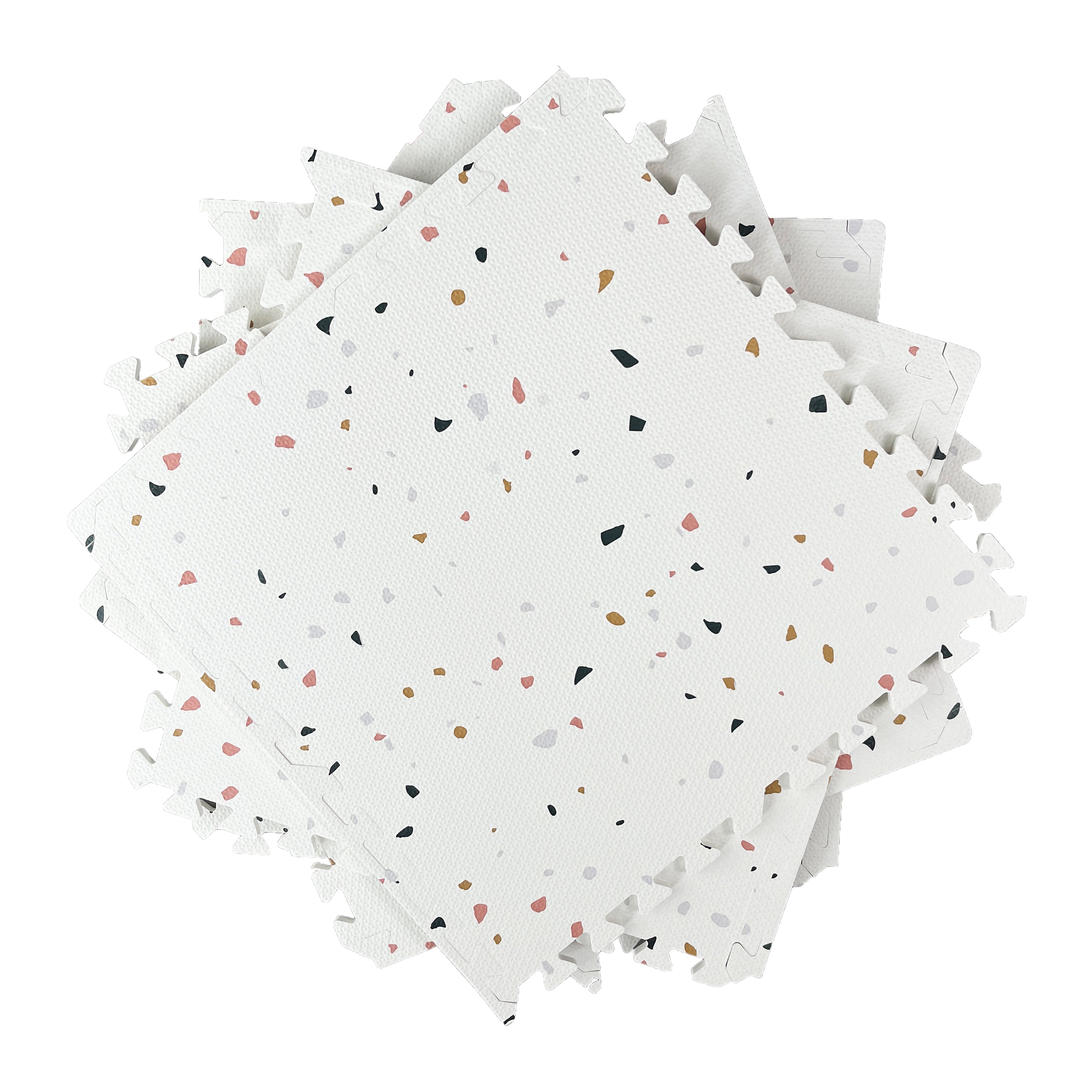 White Terrazzo Puzzle Play Mat Tiles - Stone Mosaic Design Floor Tiles for Kids Playroom, Nursery & Daycare (36-Piece Set)