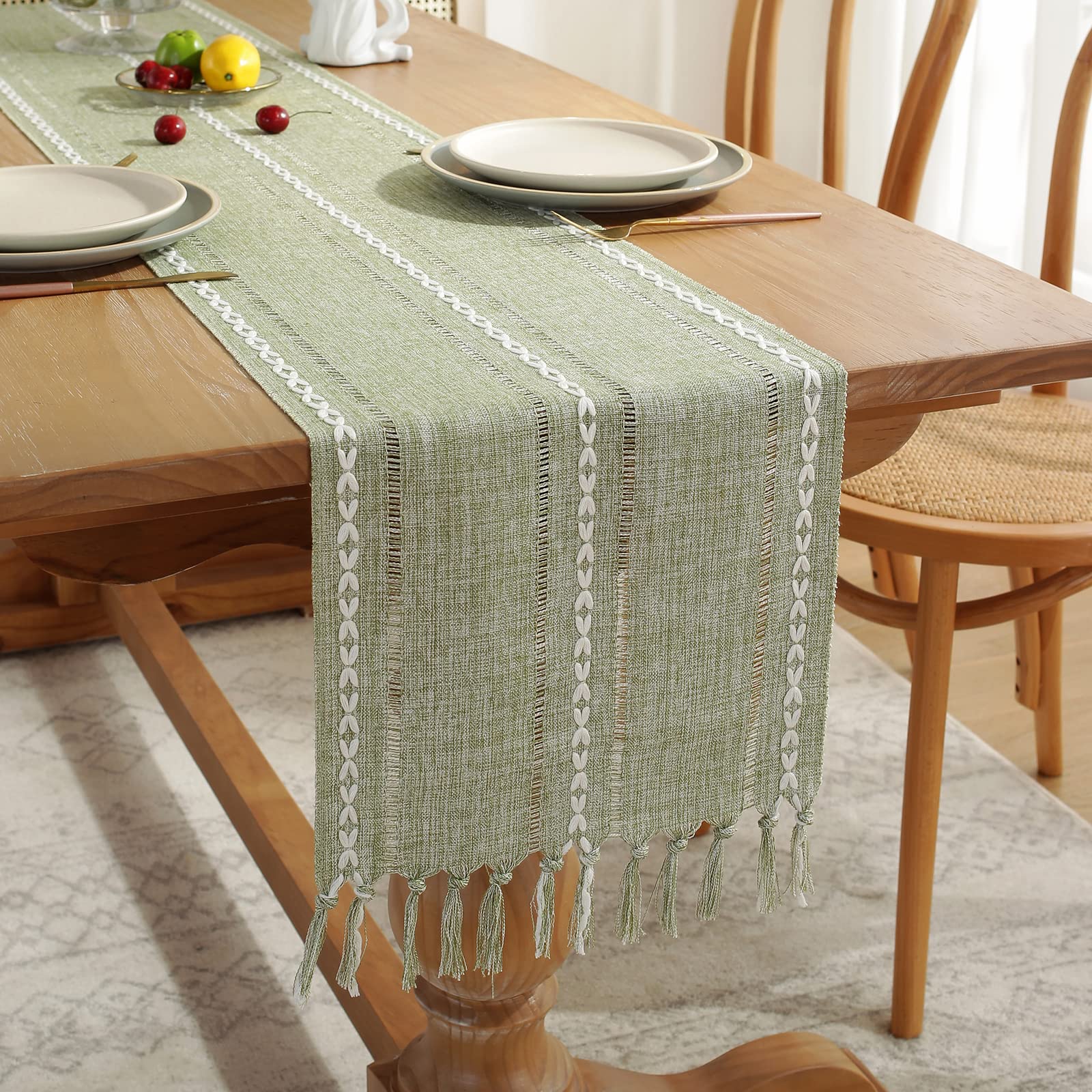 Rustic Hemstitch Linen Table Runner 90 Inches Long with Tassels - Farmhouse Style Dining Table Decor for Kitchen, Coffee Table, Party & Dresser - Sage Green 13