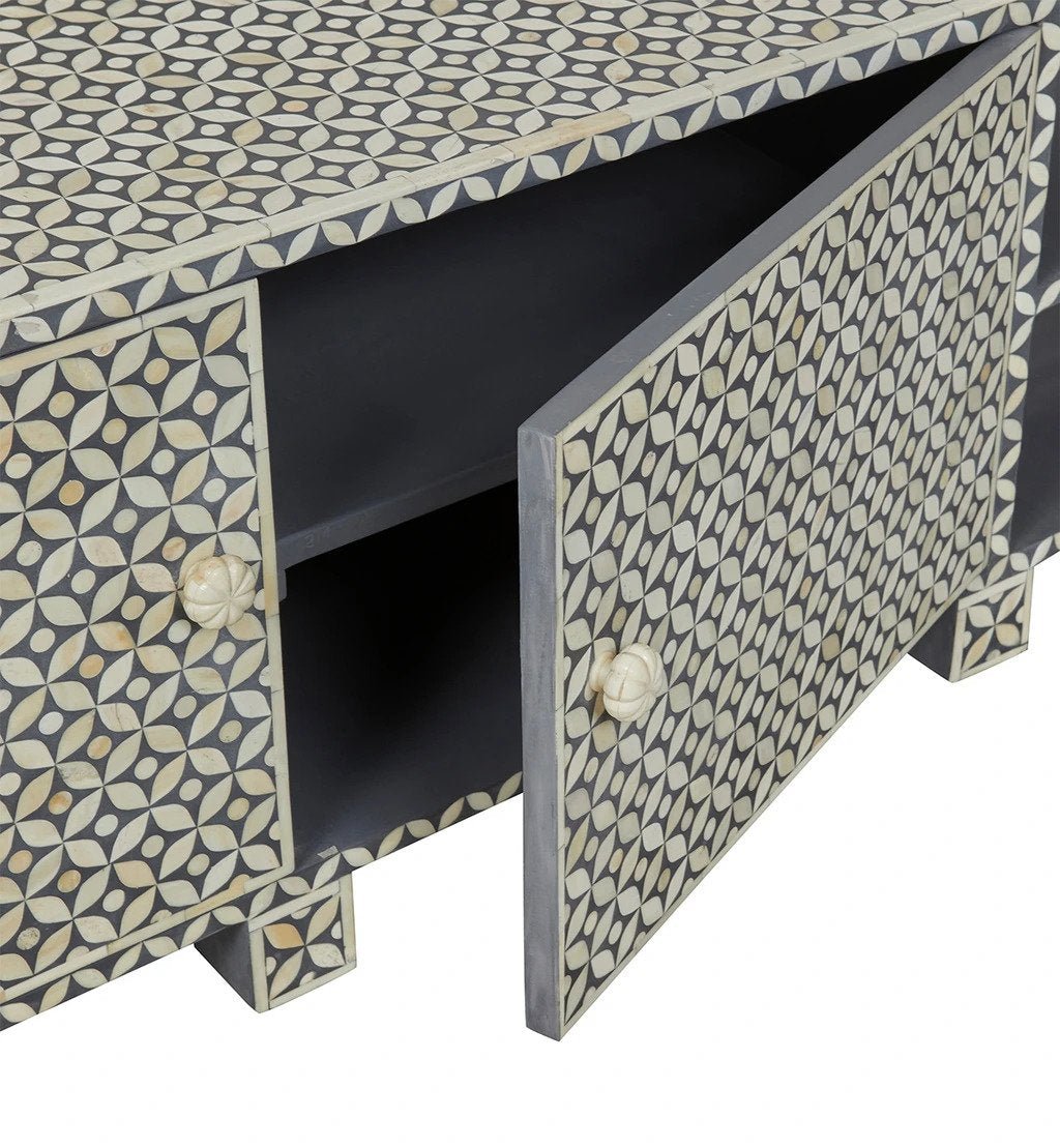 Handmade Bone Inlay Geometric Star TV Stand with 2 Doors and 2 Shelves - Stylish Media Console for Living Room, Bedroom & Home Theater Decor