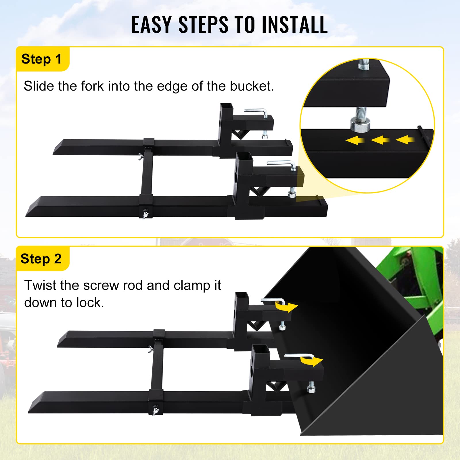 BestEquip 4000 Lbs Capacity Clamp-On Pallet Forks for Tractor Bucket - Heavy Duty Adjustable Stabilizer Bar, 58.7