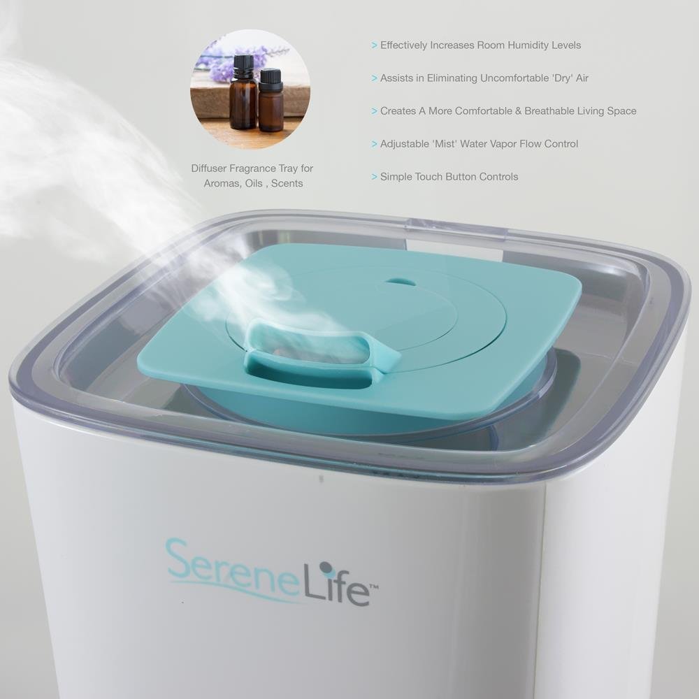 Serene Life Ultrasonic Cool Mist Humidifier for Home & Office - 2.5L Large Capacity Quiet Air Vaporizer with Essential Oil Tray, Aromatherapy Diffuser, Built-in Fan & LED Light - Perfect for Bedroom, Nursery, Desk & Dry Climate Relief (Model PHUMDIF8)
