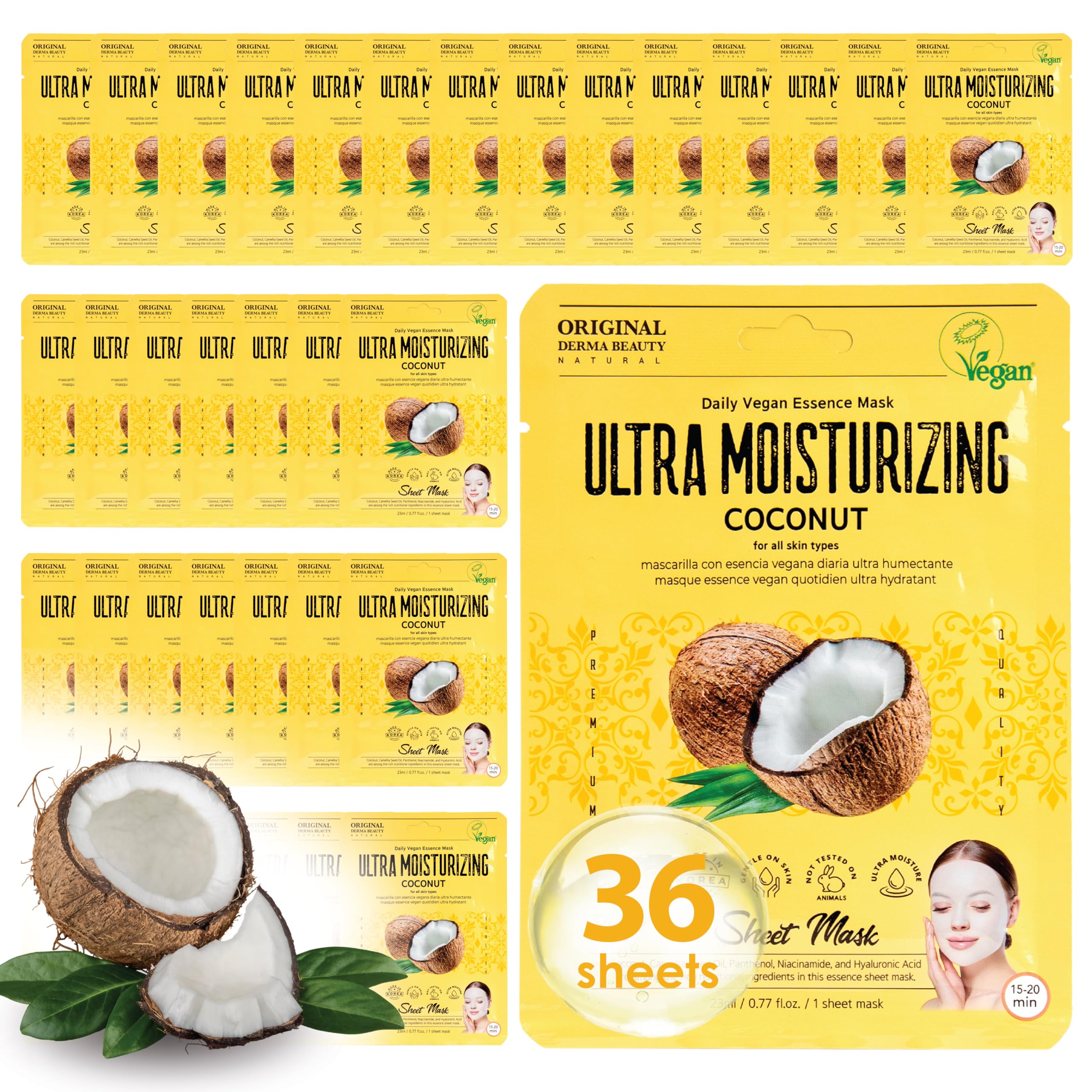 Original Derma Beauty Collagen Face Masks 36 Pack - Vegan Ultra Moisturizing Coconut Sheet Masks for Hydrating & Anti-Aging Skincare | Korean Beauty Treatment for Dry Skin, Night Routine & Self Care