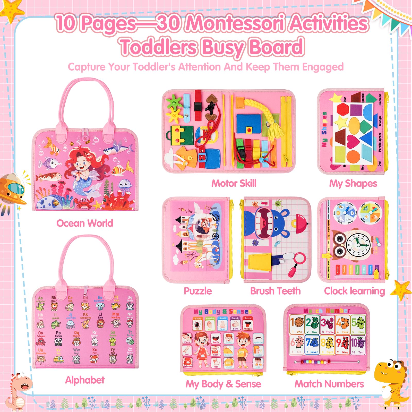 Montessori Busy Board for Toddlers 1-3 - Sensory Travel Toy for Girls | Christmas Birthday Gift for 2 Year Olds | Airplane & Road Trip Activity