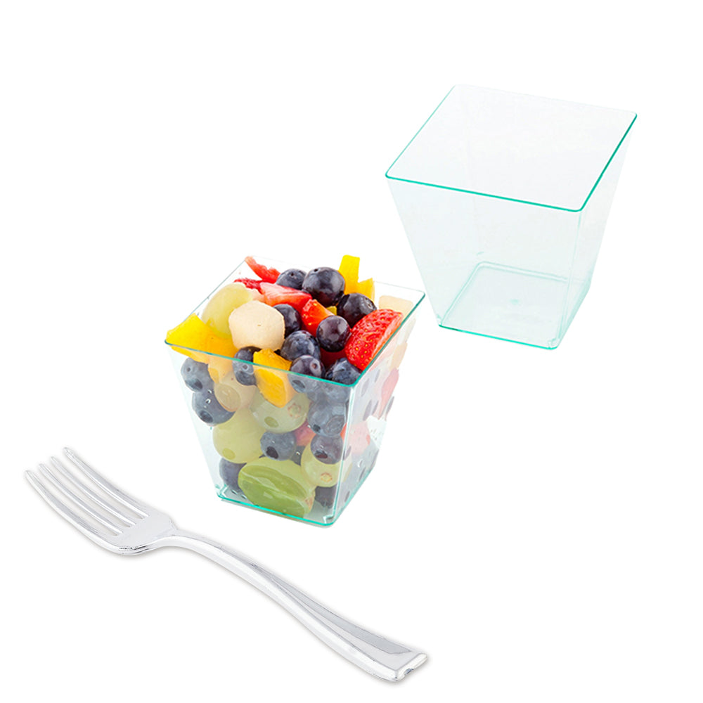 100 Pack 8 oz Square Seagreen Plastic Kova Cups & 100 Silver Mini Plastic Forks - Bulk Disposable Party Cups and Cutlery for Weddings, Picnics, BBQs, and Events