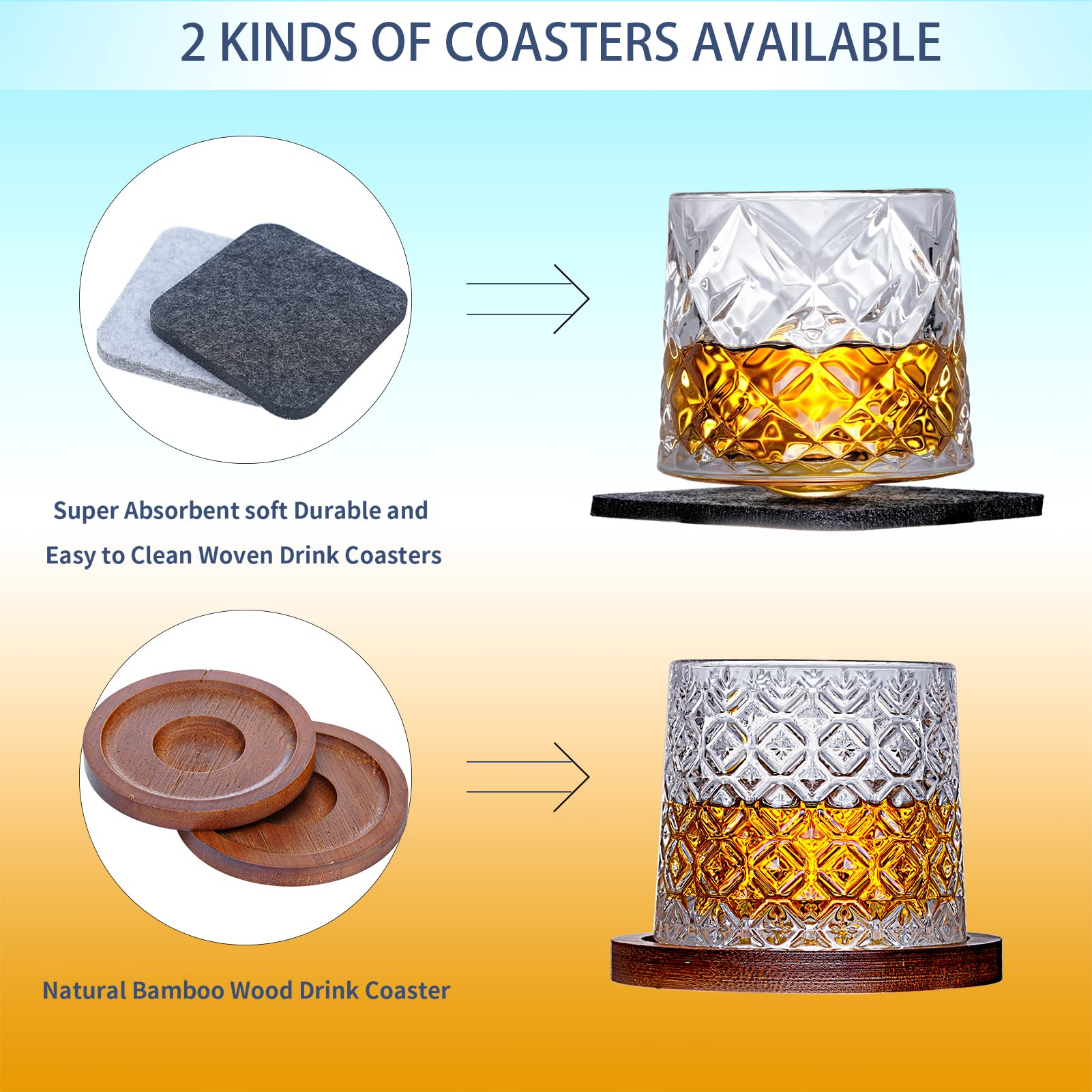 Premium Spinning Crystal Whiskey Glasses 10.8oz (Set of 2) - Large Rotatable Bourbon Glasses with Coasters - Stress Relief Tumbler for Scotch, Cocktails & Coffee - Perfect Father's Day Gift for Home Bar, Office or Relaxation