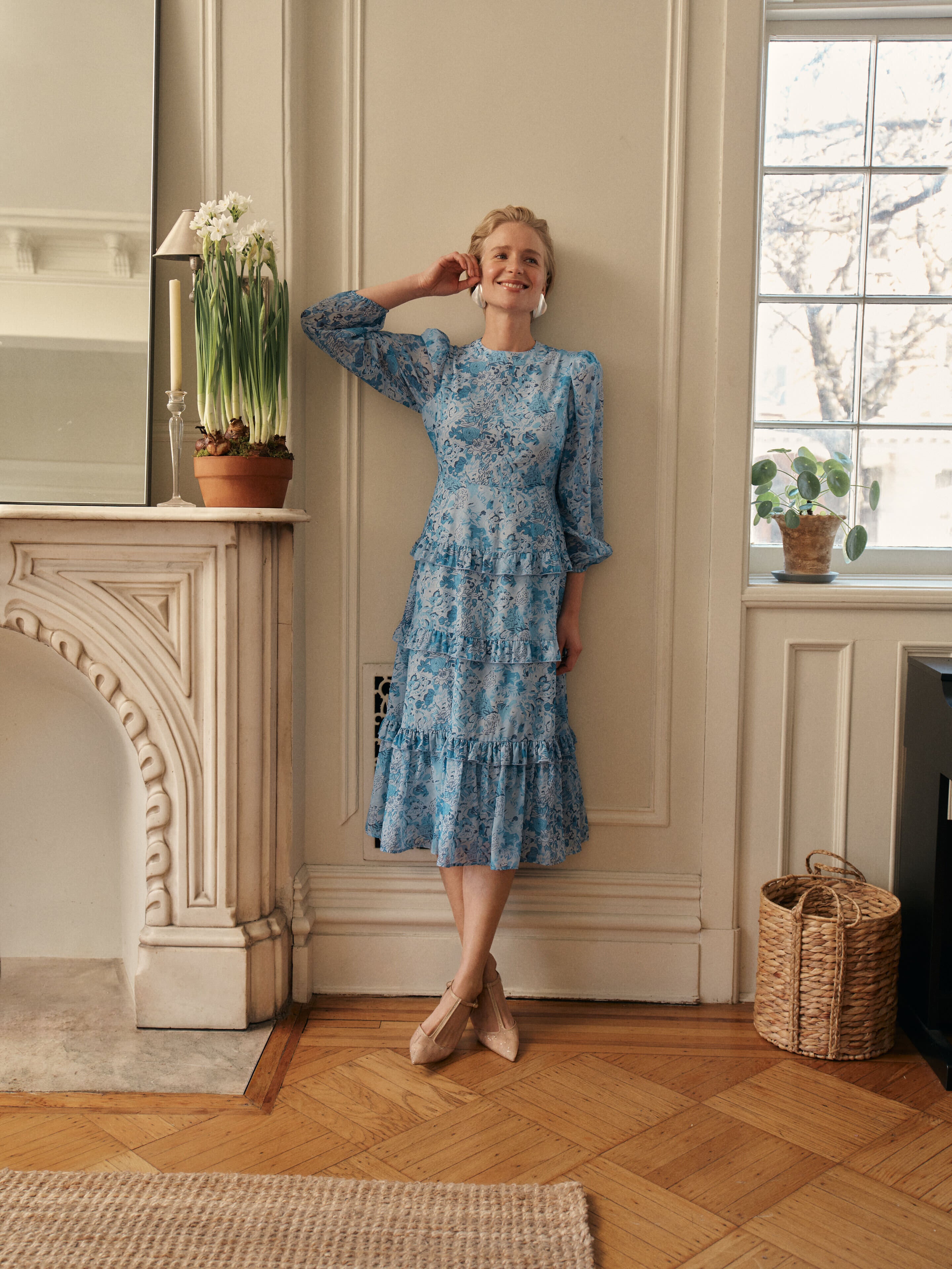 Blue Multi Abstract Floral Rosalind Ruffle Midi Dress - Elegant Summer Dress for Women, Perfect for Beach Vacations, Garden Parties & Date Nights